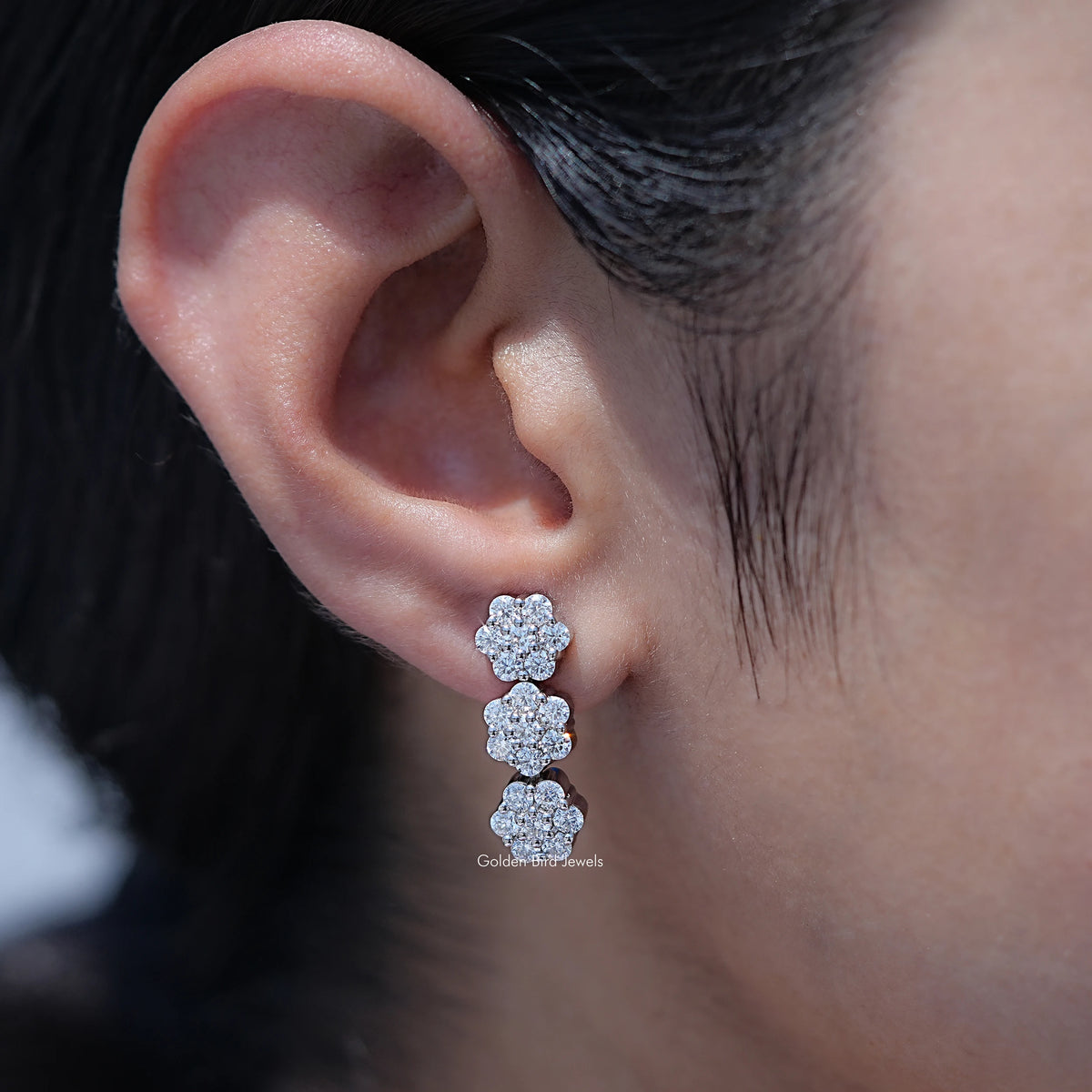 Round Moissanite Flower Style Cluster Earrings