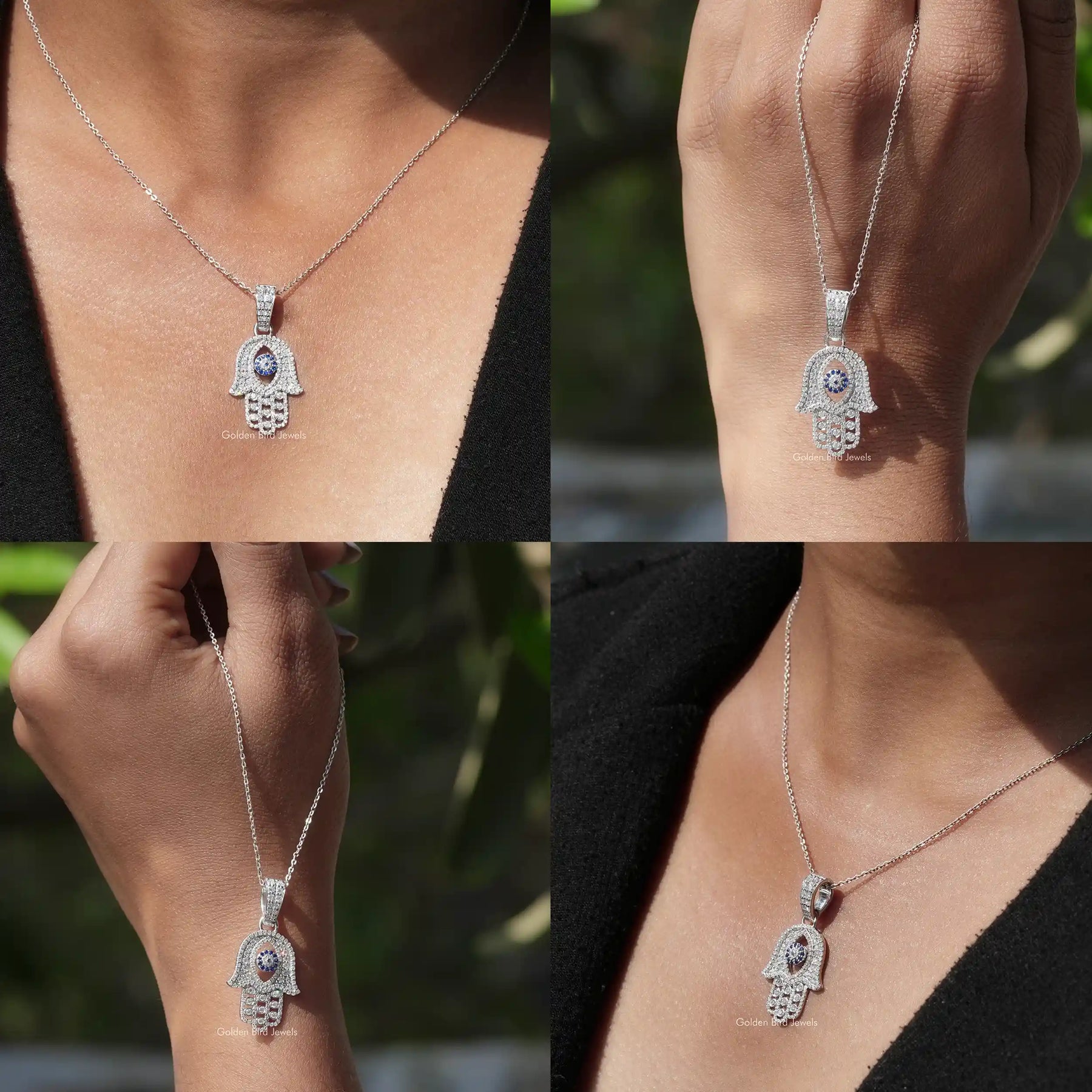 Front side back and close view of solitaire eye cut pendant In white Gold