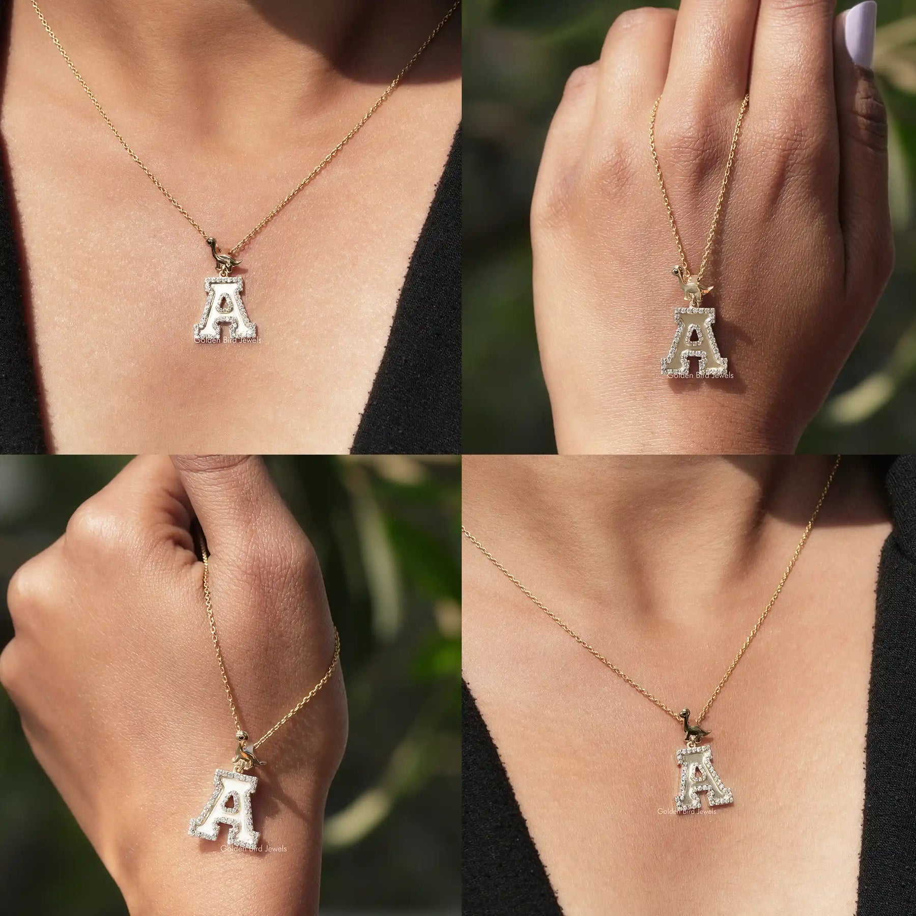 Front back side and close view of moissanite A letter pendant