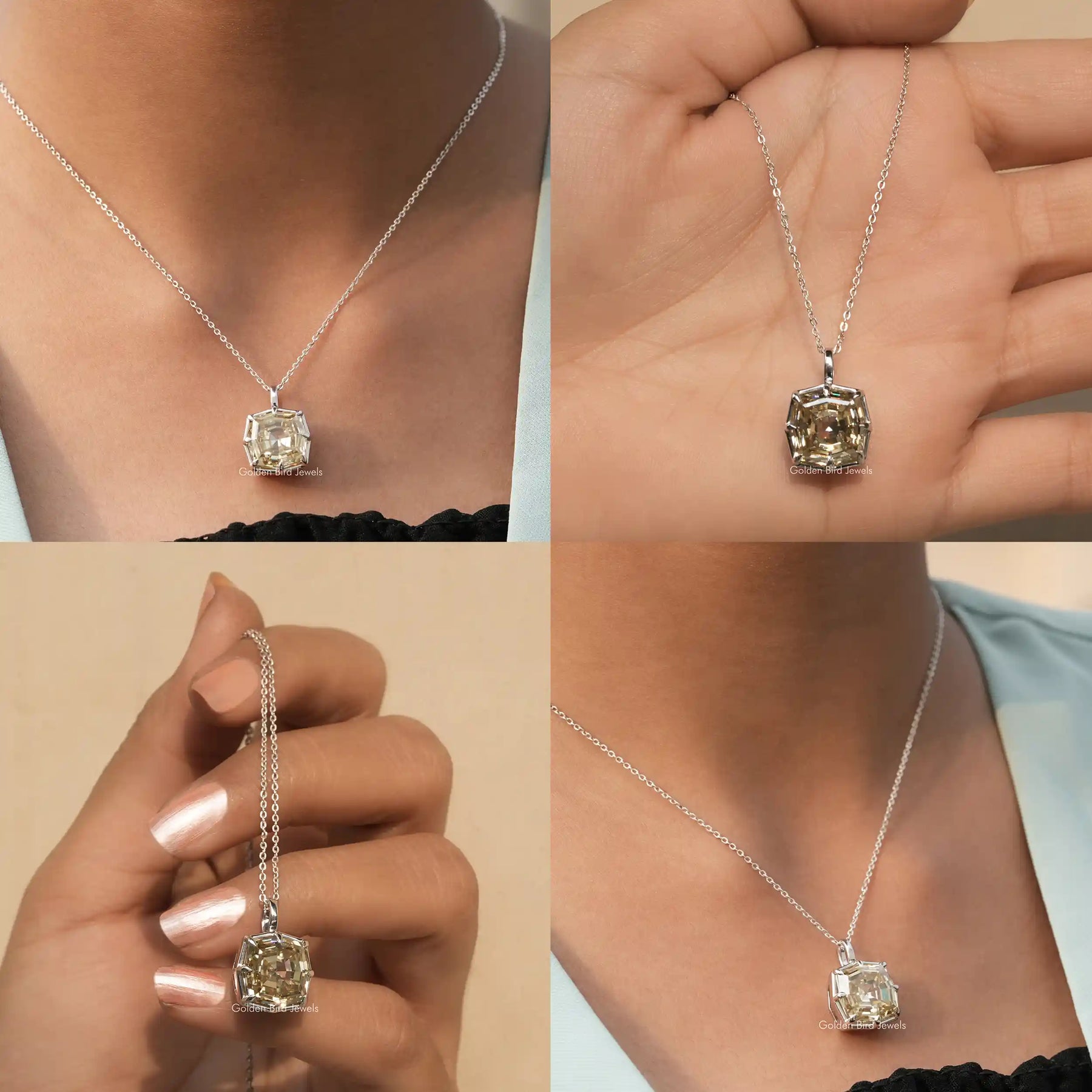Front back side and close view of step cut solitaire pendant
