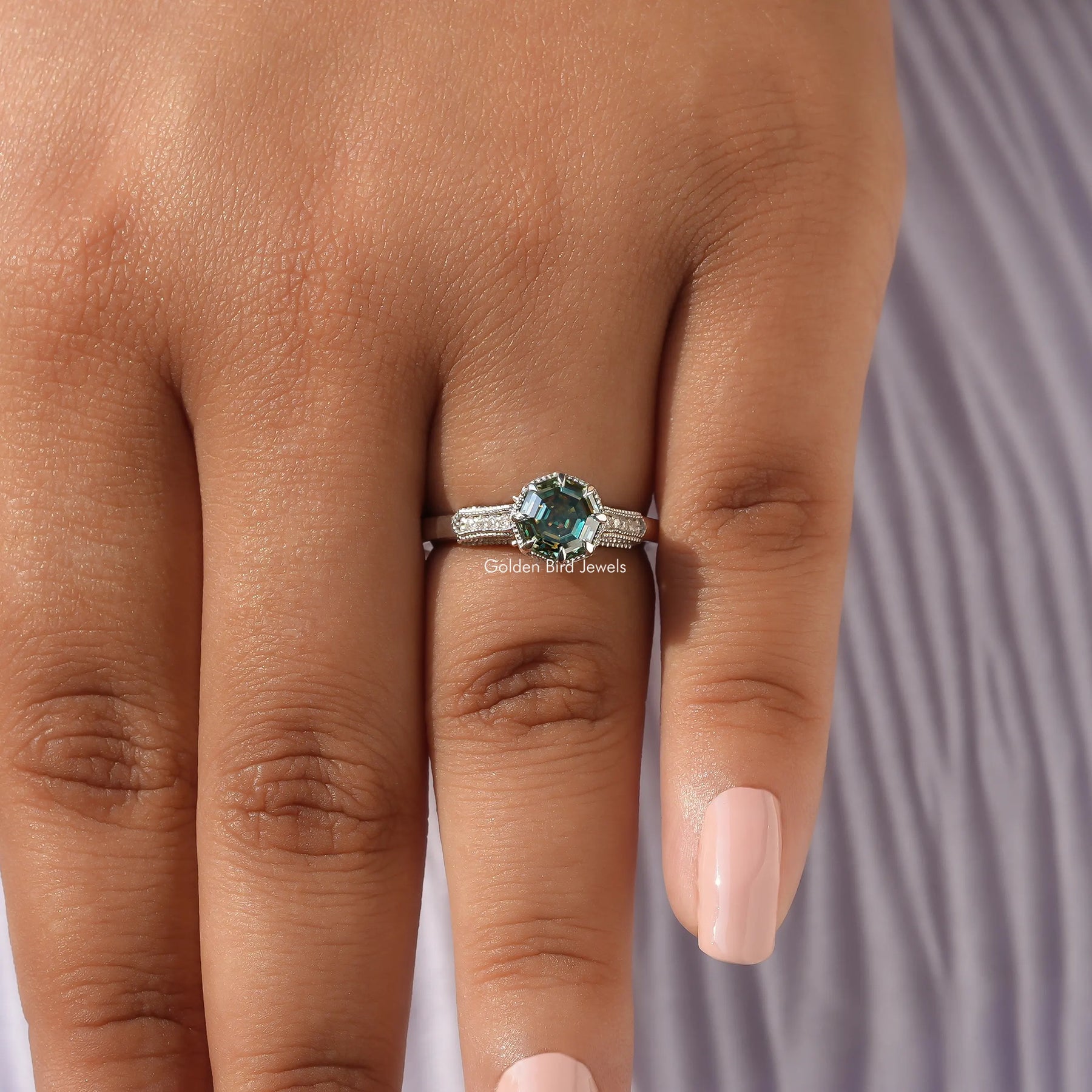 Detailed View Of Moissanite Round And Octagon Cut Accent Ring In White Gold