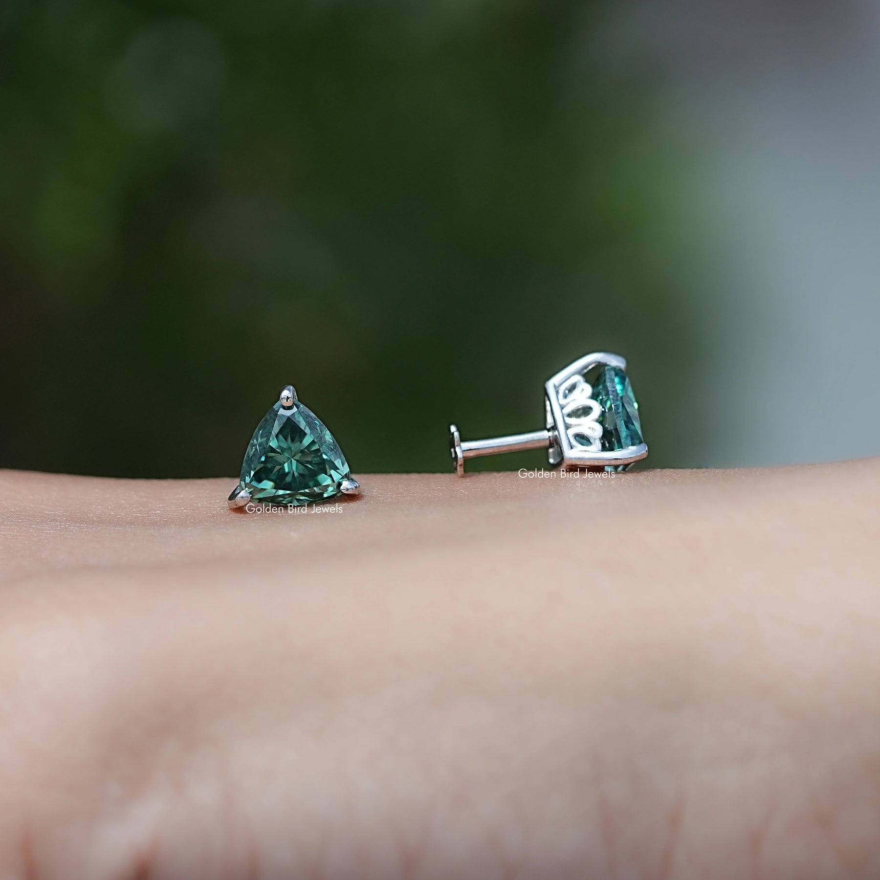 Dark Green Trillion Cut Moissanite Stud Earrings