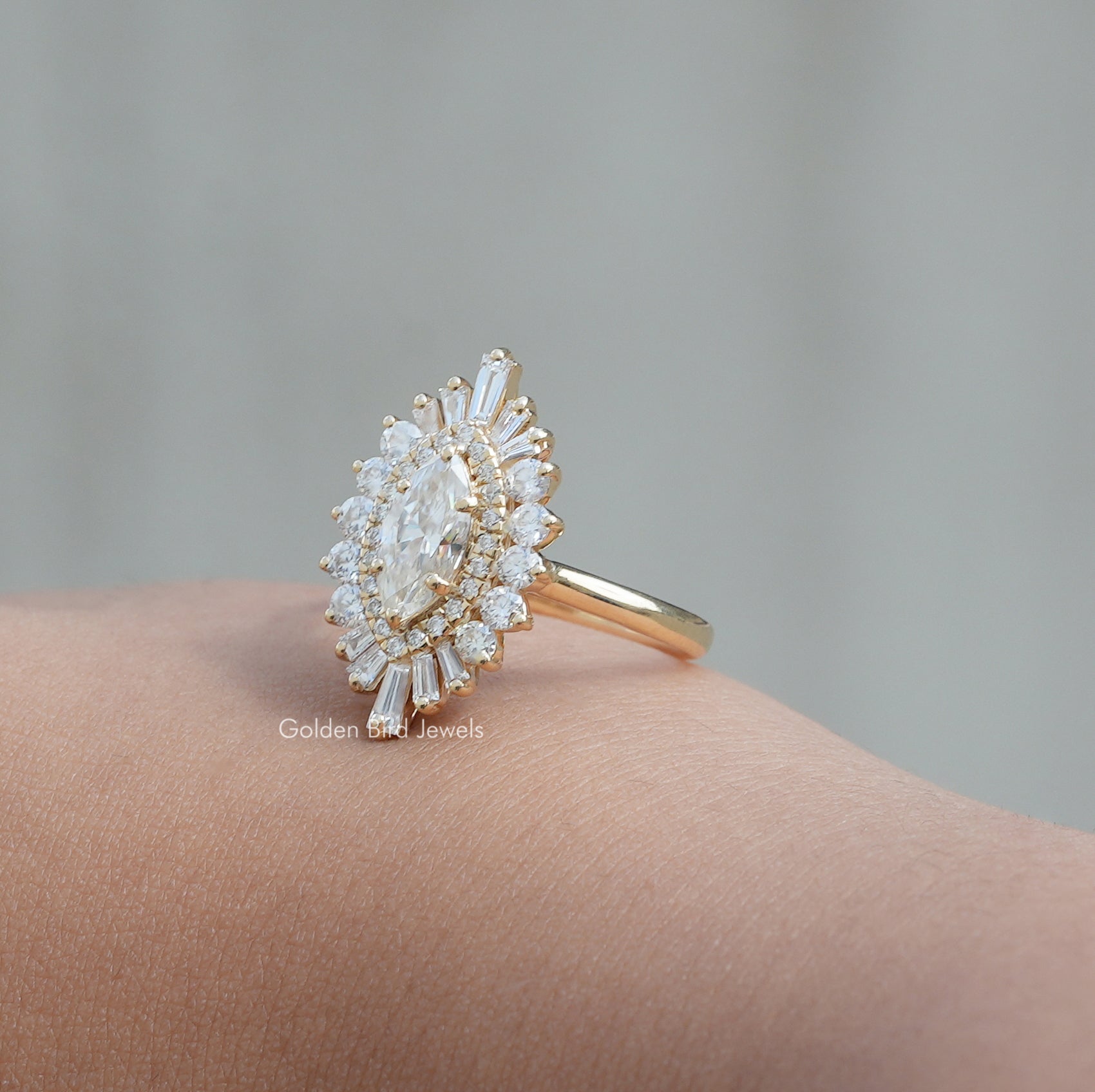 View of Multi Shape Halo Lab Diamond Ballerina Ring In Yellow Gold