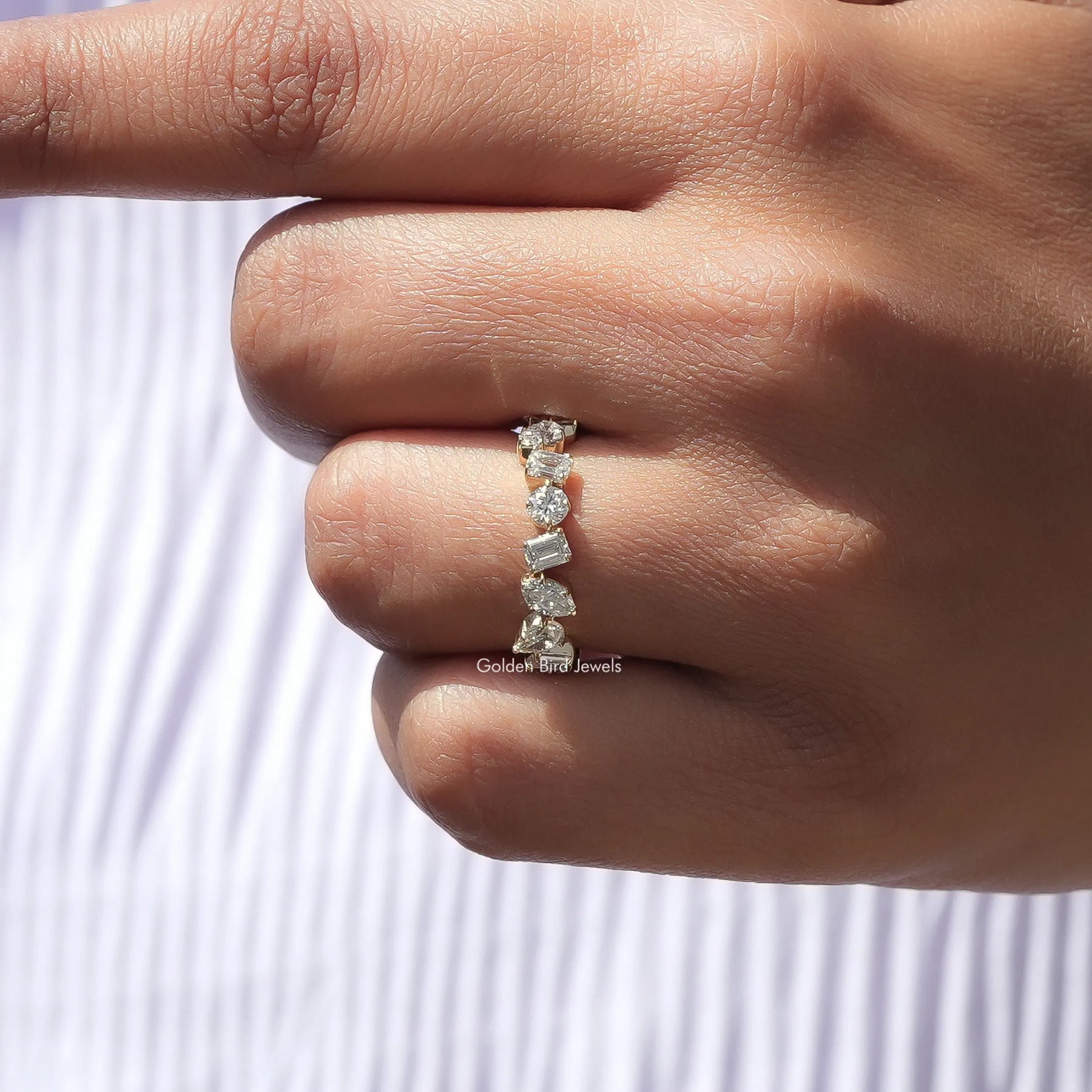 View of Multi Shape Lab Grown Diamond Wedding Band In Yellow Gold
