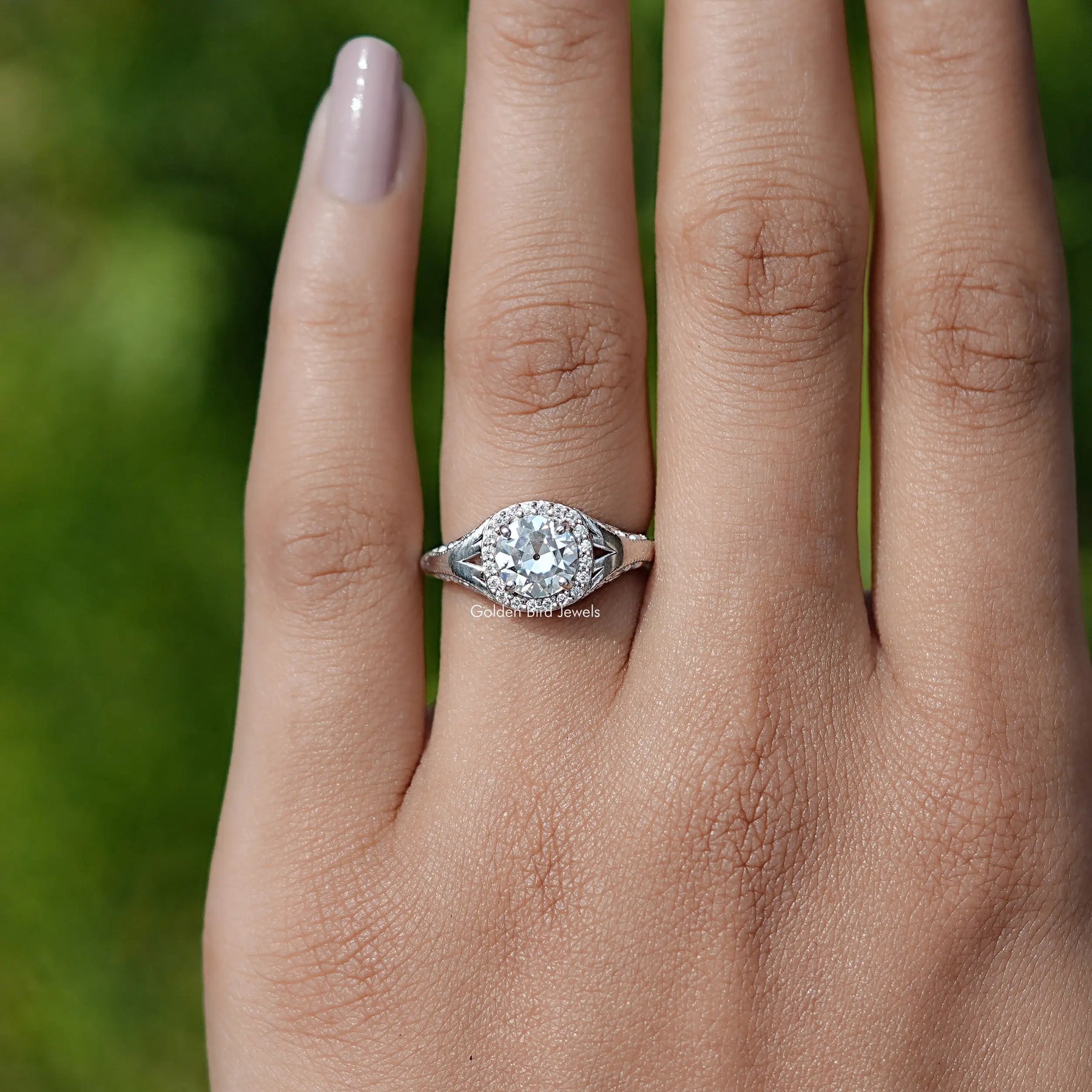 View of Round Cut Moissanite Halo Ring In Finger