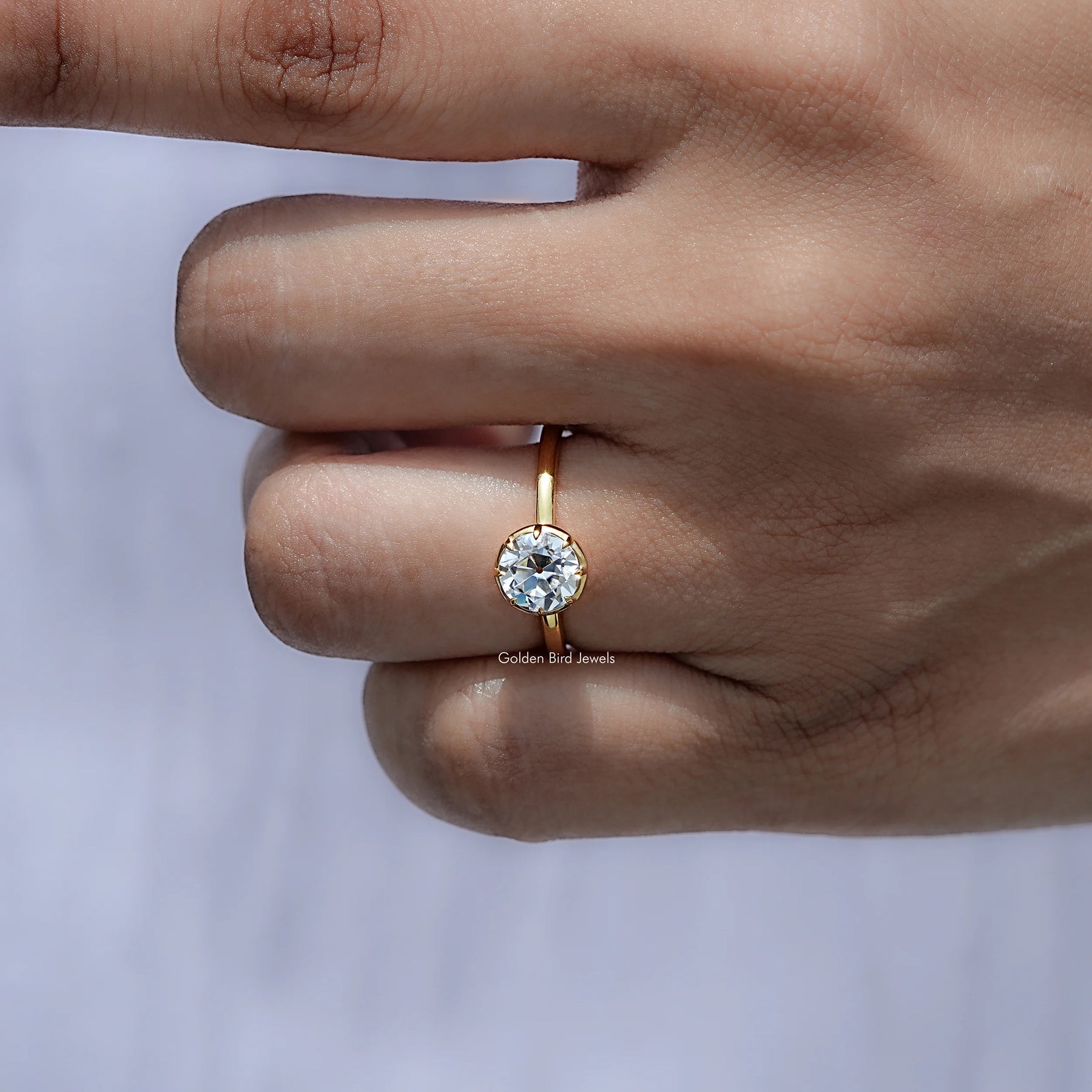 View of European Cut Moissanite Ring in prongs setting