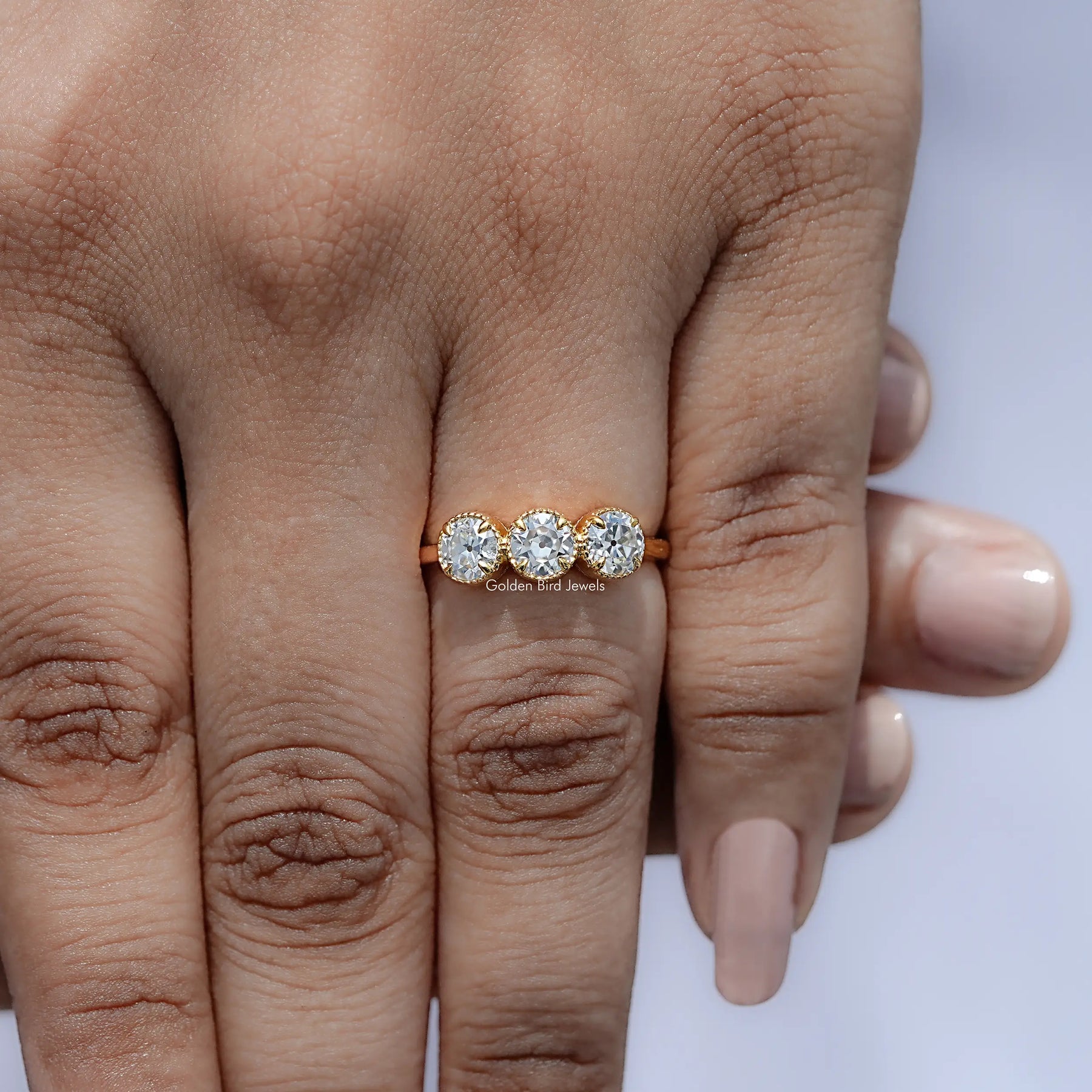 Old European Cut Round Moissanite Three Stone Ring