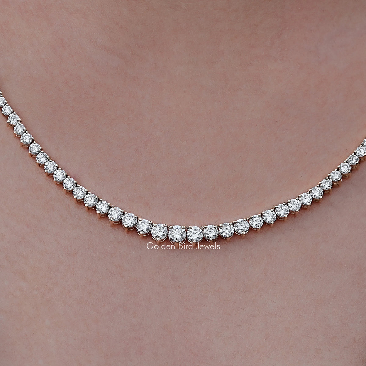 Close up view of Round Cut Lab Diamond Graduated Tennis Necklace
