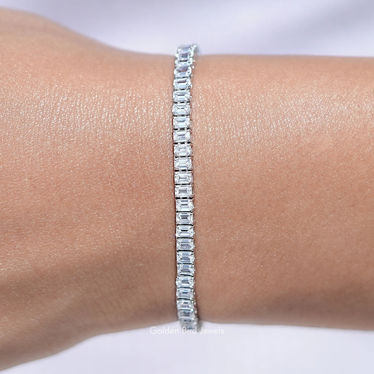 Close up View of Emerald Cut Lab Diamond Tennis Bracelet
