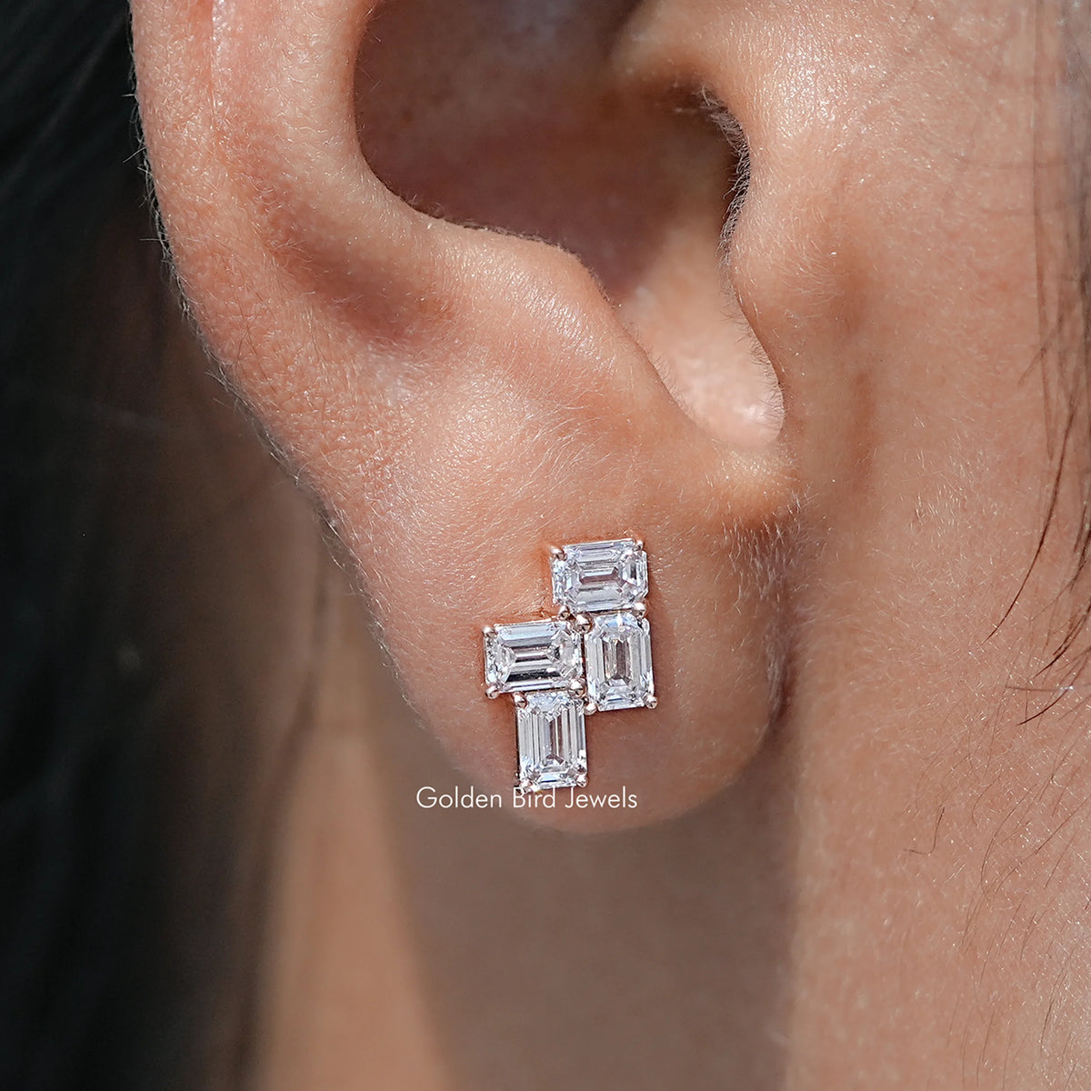 Close Up View of Emerald Cut Lab Grown Diamond Drop Earrings