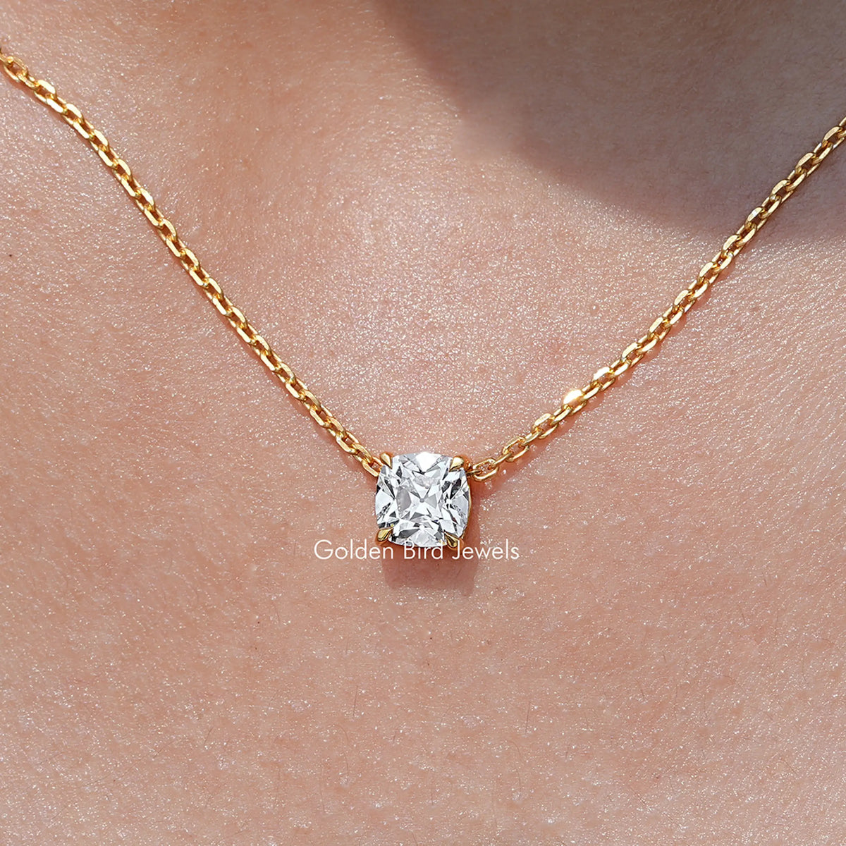 Close Up View of Old Mine Cushion Square Diamond Solitaire Pendant