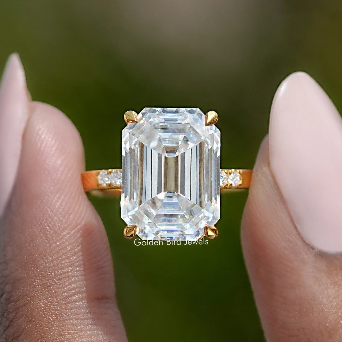 Off White Old Mine Emerald Moissanite Engagement Ring