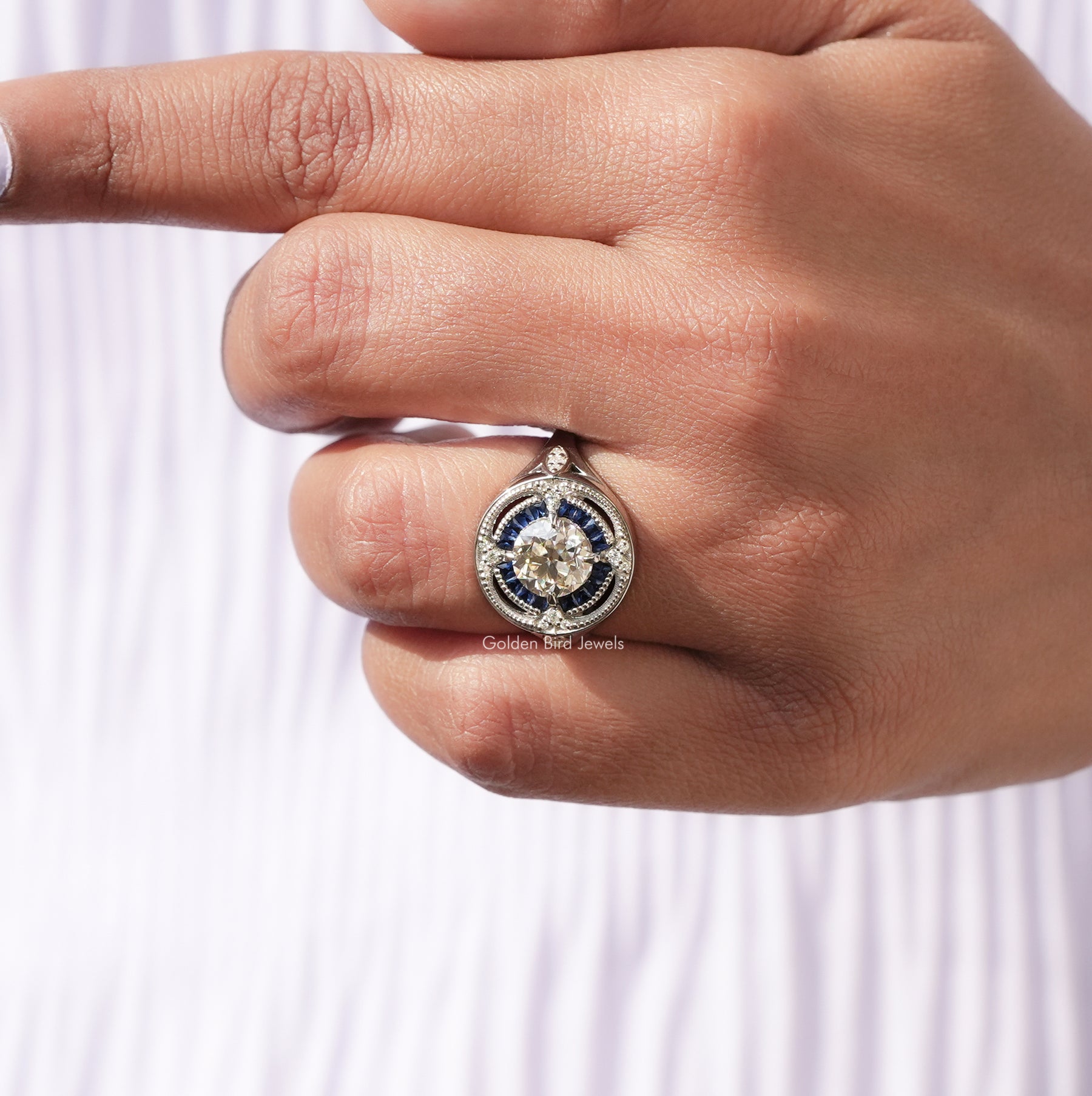 View of Old European Round Cut Moissanite Ring In finger