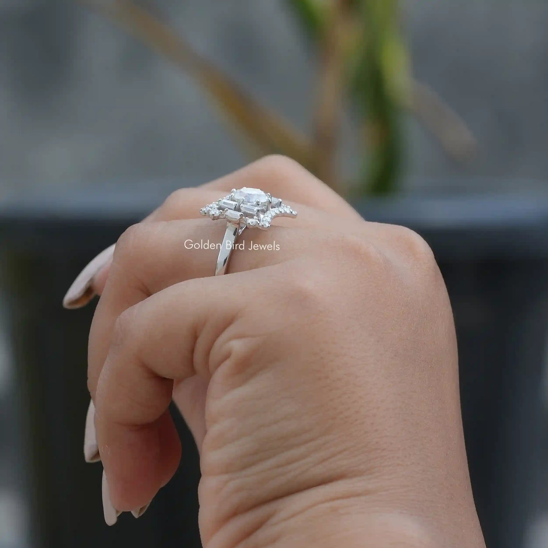 View of Moissanite Old European Round Cut Antique Ring In Finger