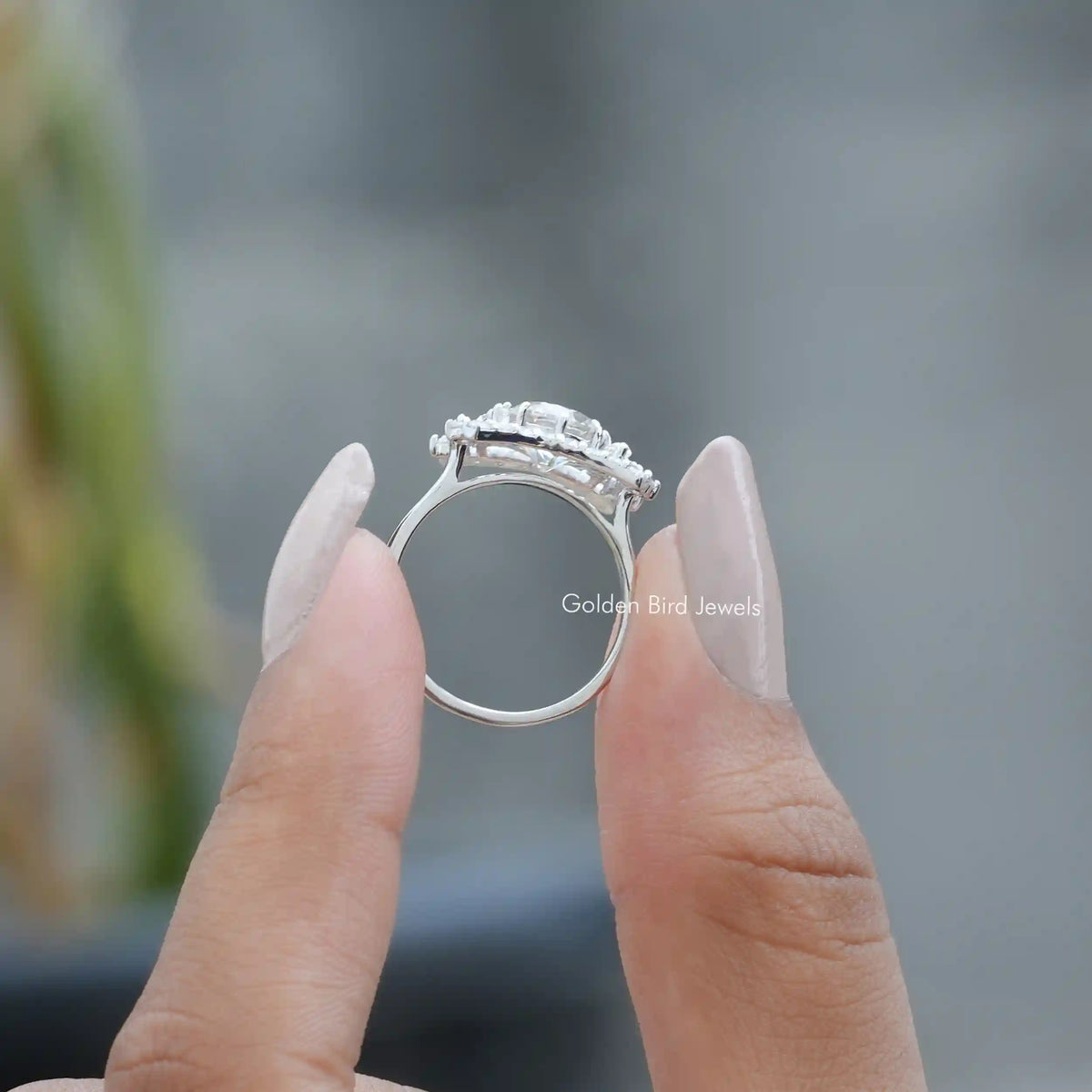 Back View of Old European Cut Moissanite Antique Cocktail Ring In two fingers