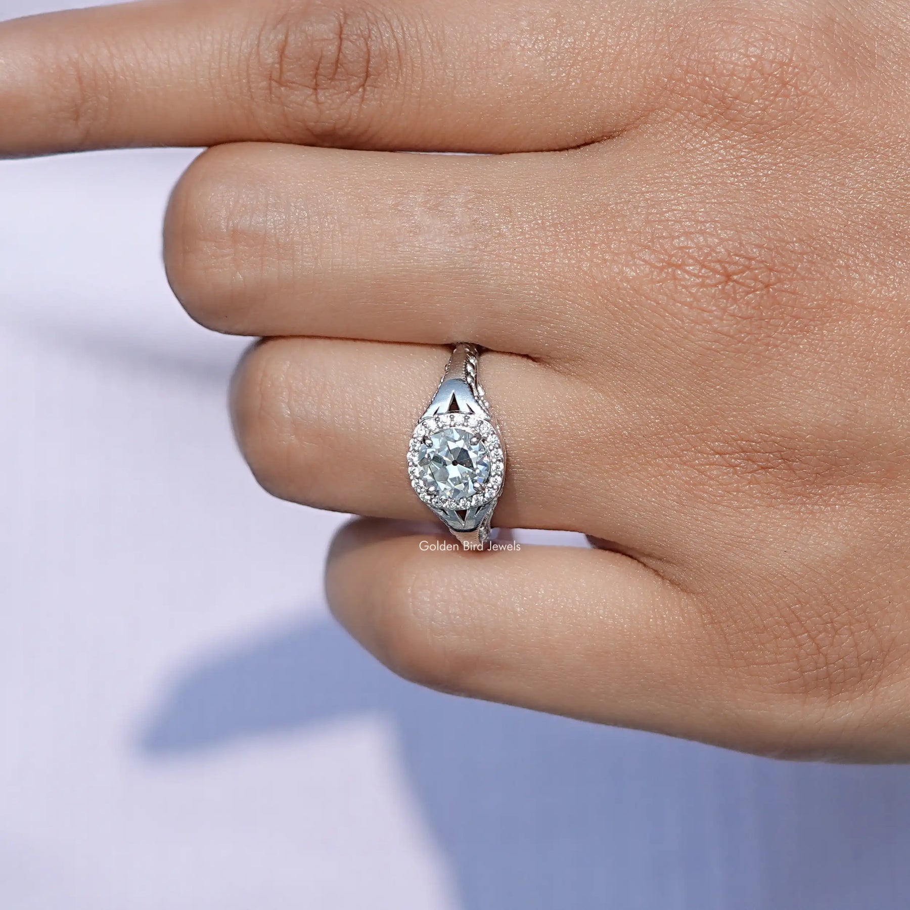 Close-Up View of Old European Cut Round Moissanite Halo Ring In White Gold