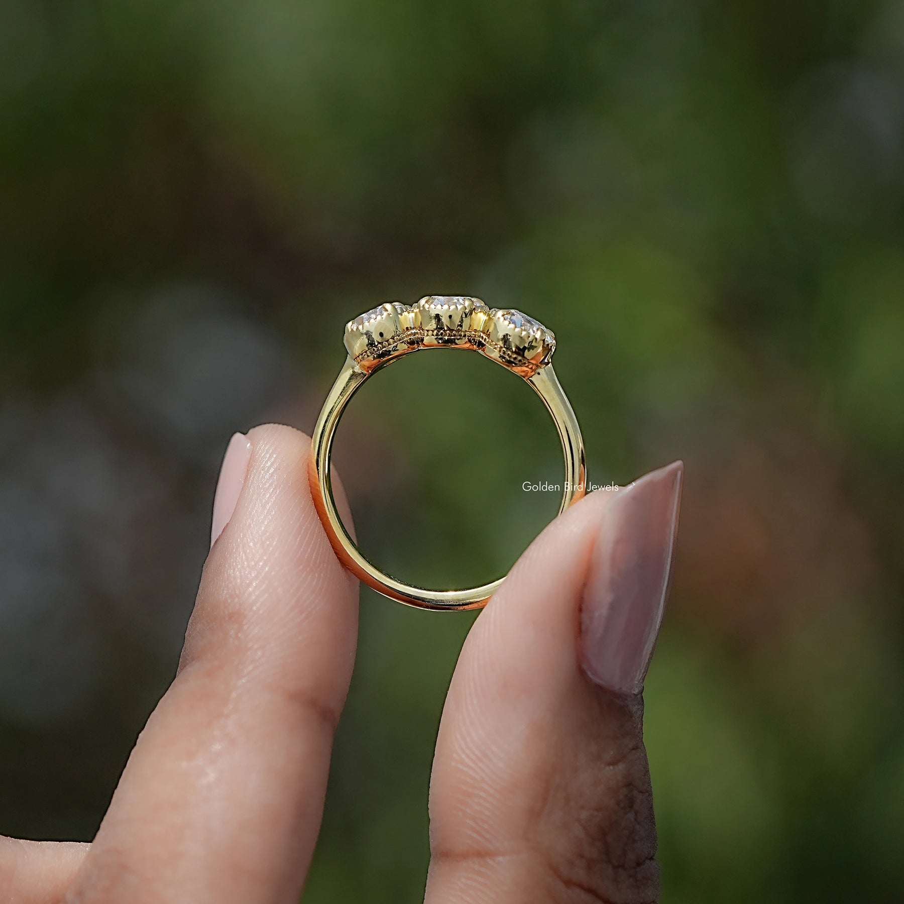 Old European Cut Round Moissanite Three Stone Ring