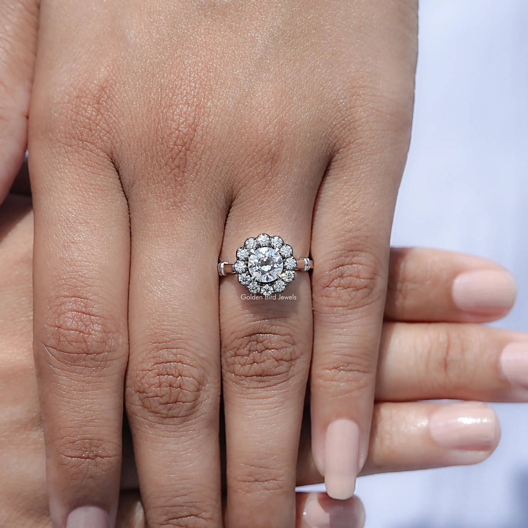 Close view of Halo Moissanite Engagement Ring