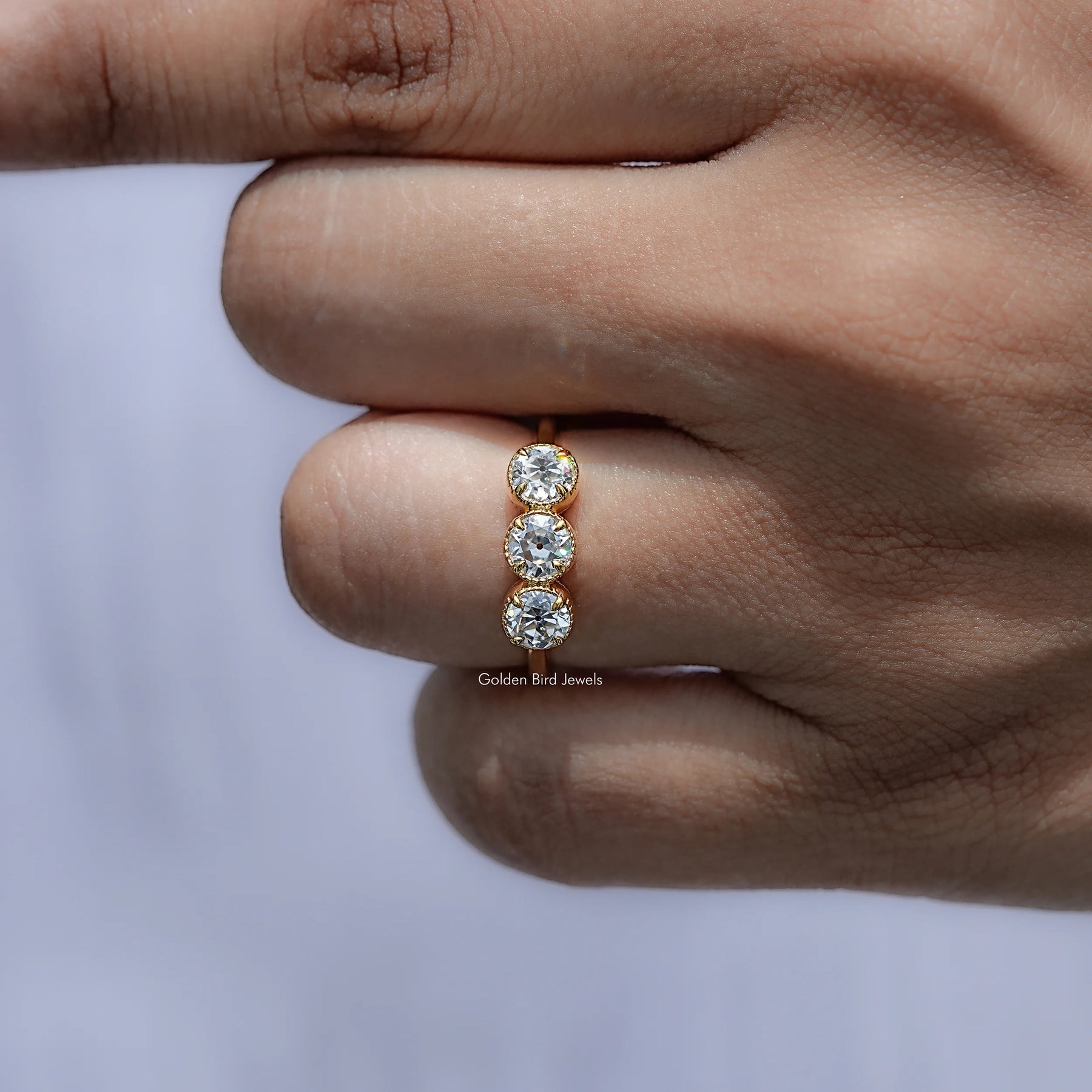 Old European Cut Round Moissanite Three Stone Ring