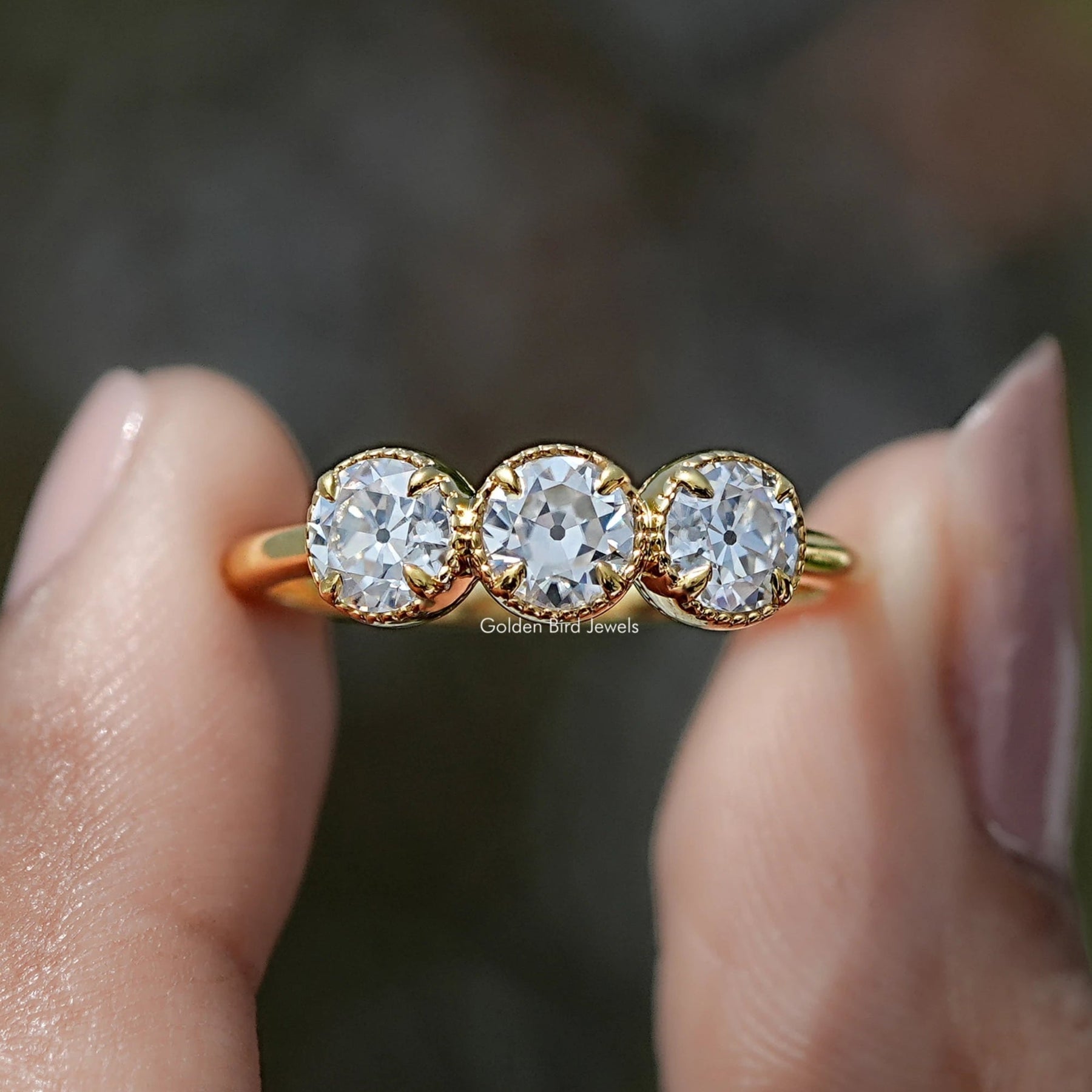 Old European Cut Round Moissanite Three Stone Ring