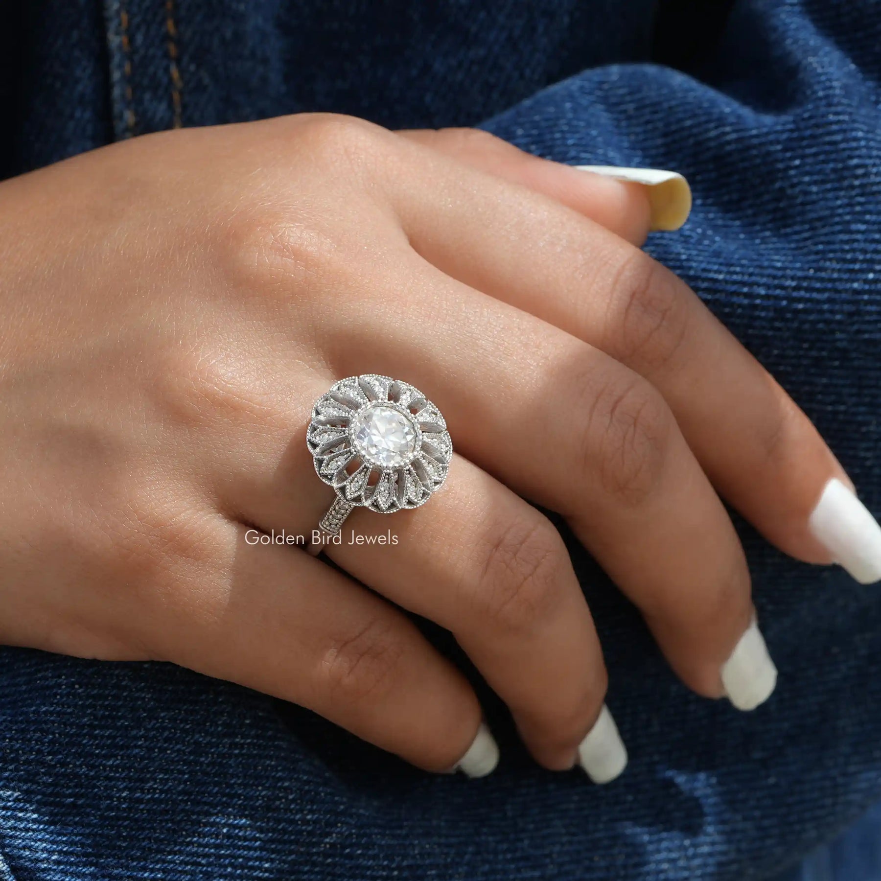View of Round Cut Vintage Style Moissanite Ring In 14K White Gold