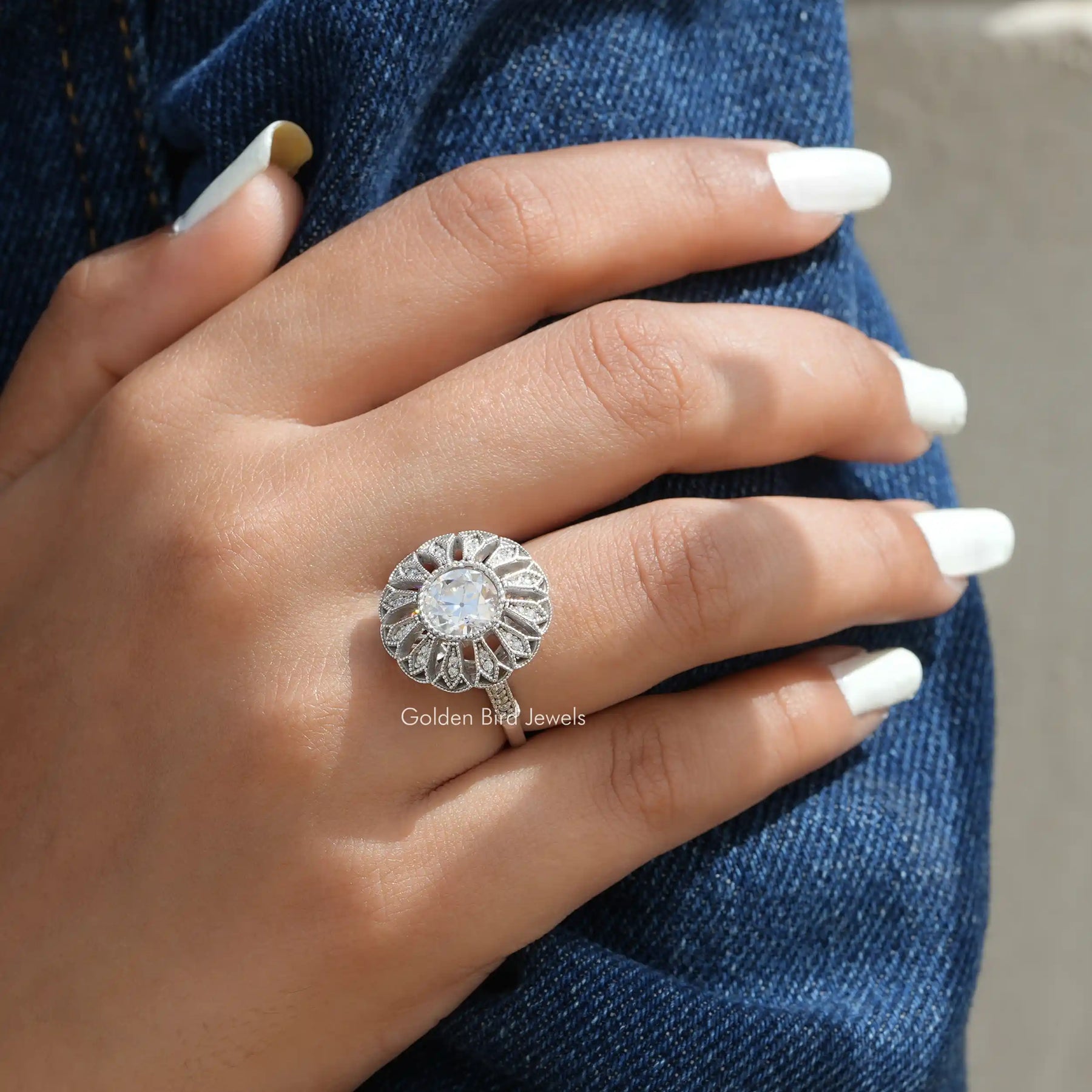 Close-Up View of Old European Round Cut Floral Style Vintage Ring In White Gold
