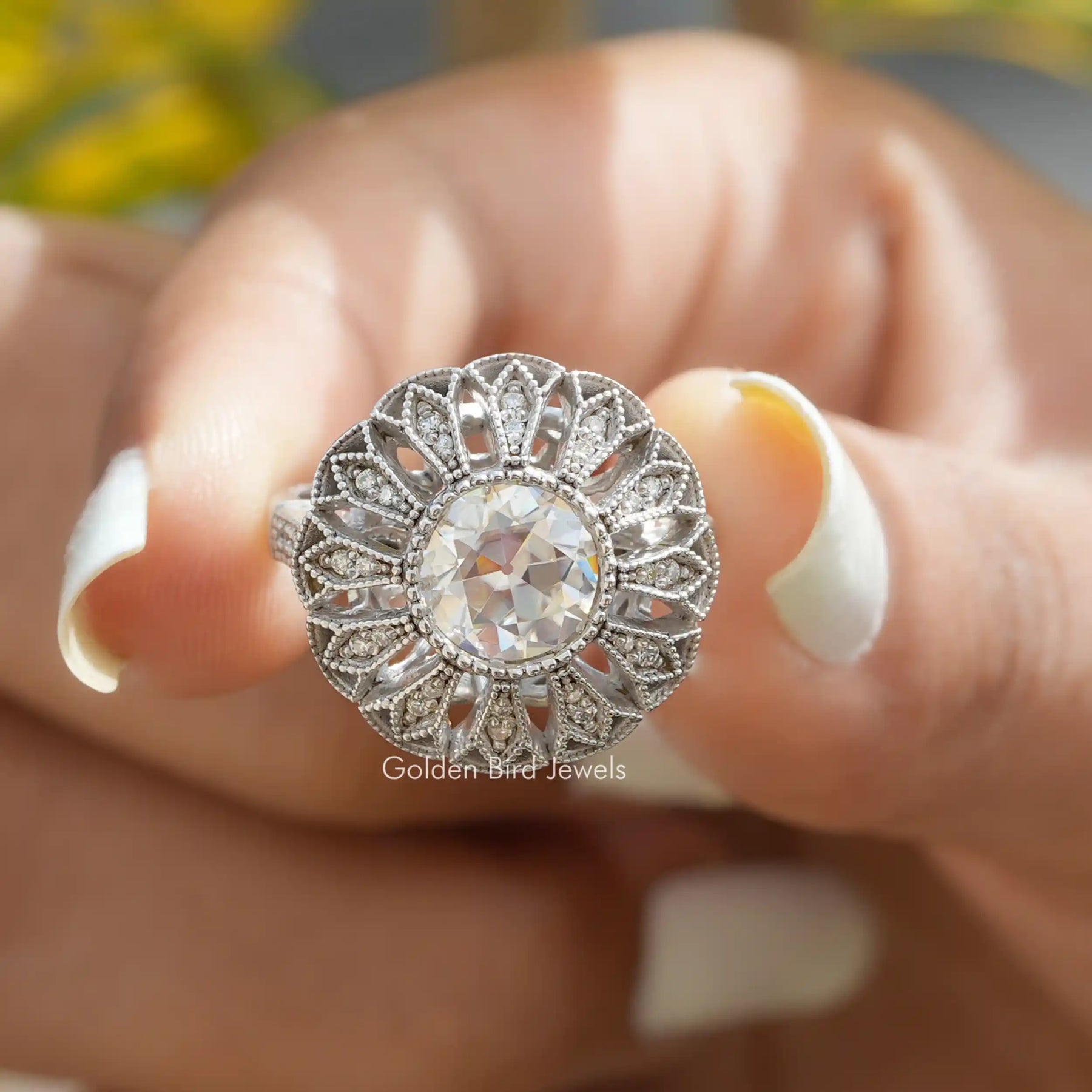 Front View of Old European Round Cut Moissanite Vintage Engagement Ring In two Fingers