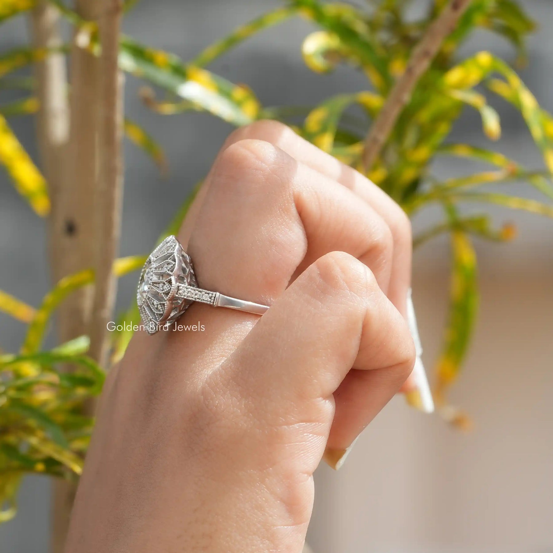 View of Old European Round Cut Floral Style Vintage Ring In White Gold