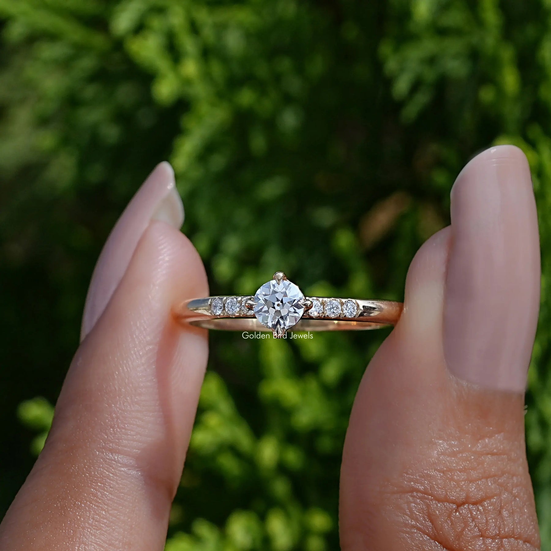 Clear View of A Old European Round Cut Diamond Accent Ring In two fingers