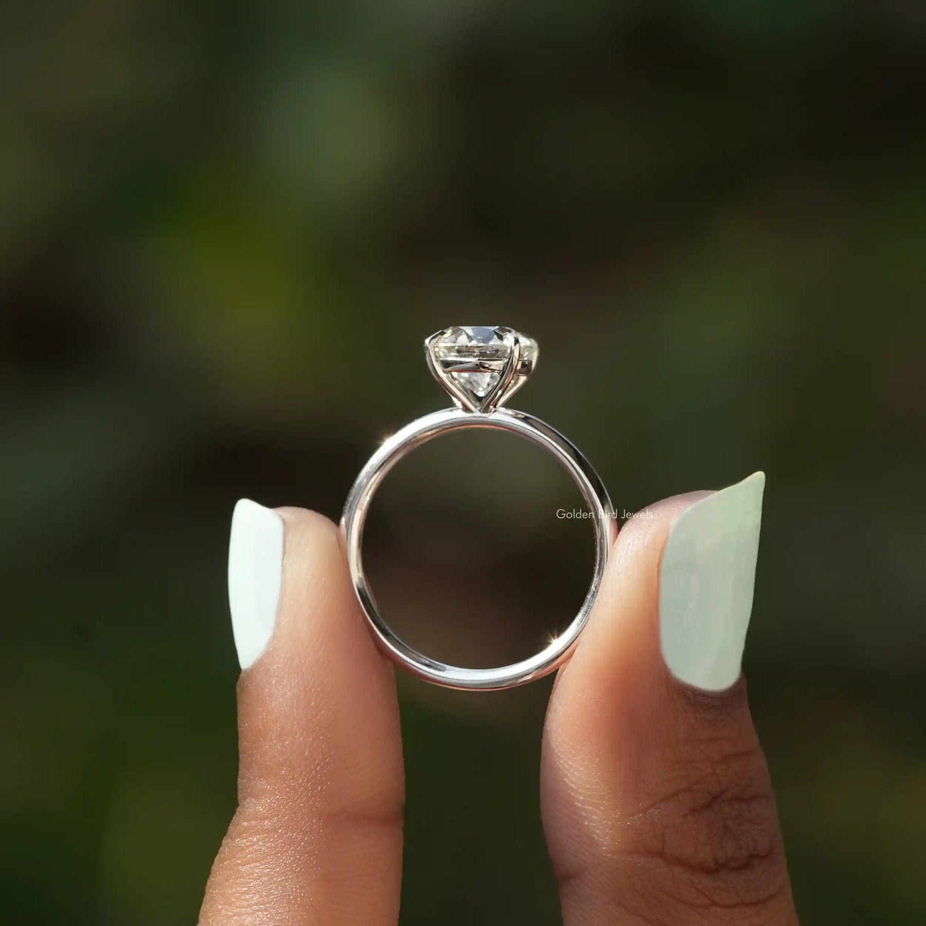 Back View of Round Cut Lab Grown Diamond Solitaire Ring In two fingers