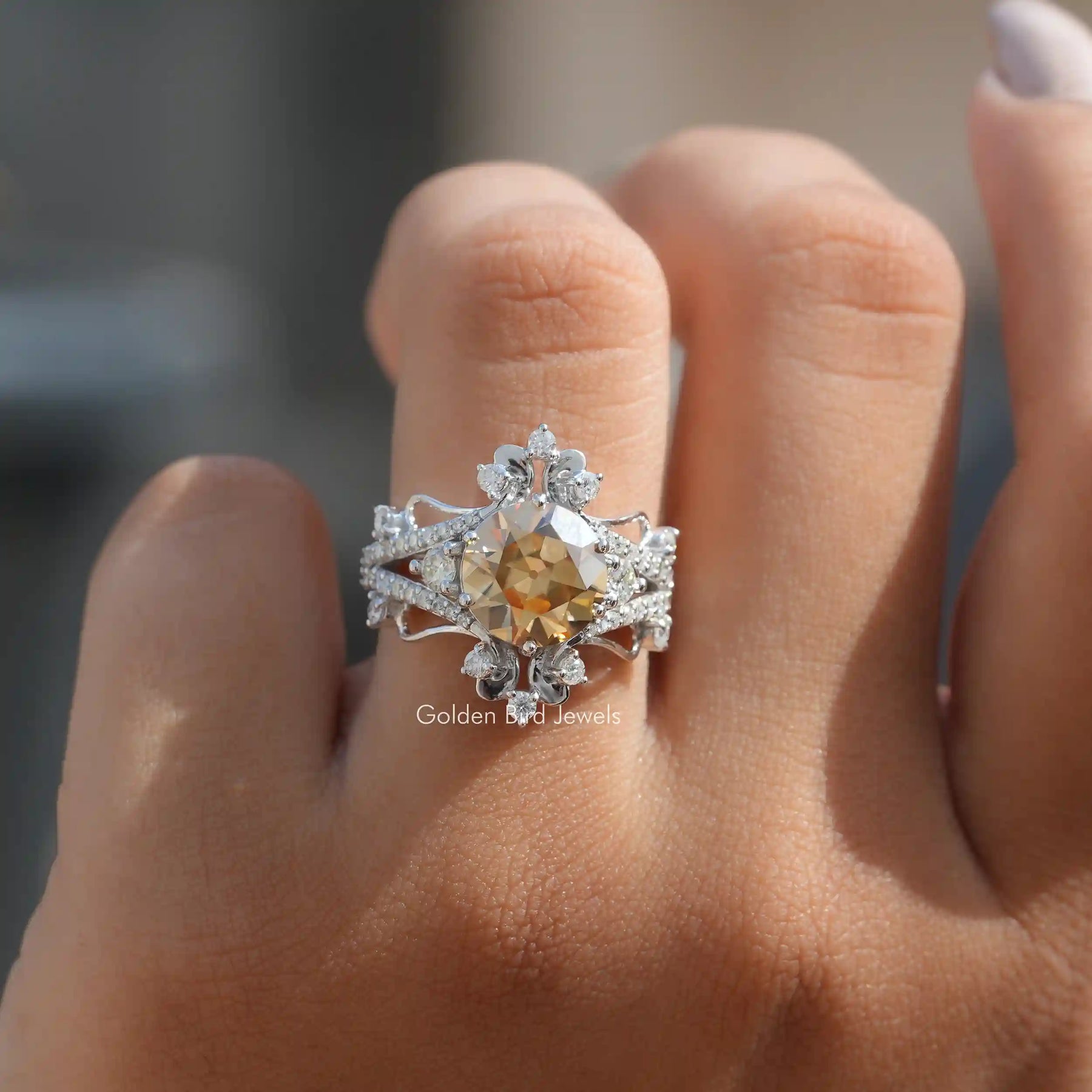 Close-Up View of Old European Round Cut Moissanite Halo Ring In White Gold