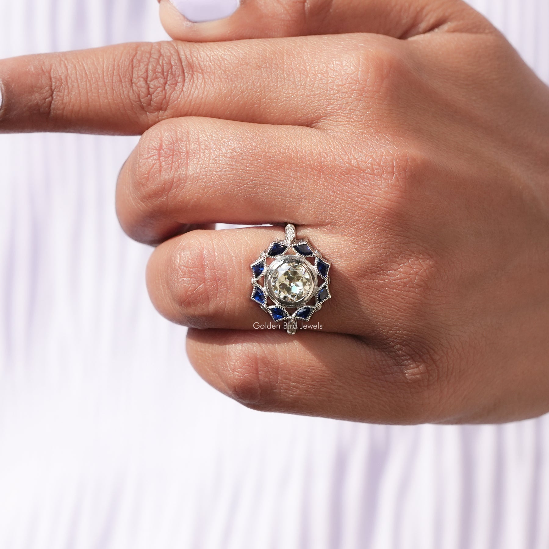 Close-Up View of Old European Round Cut Vintage Ring In White Gold