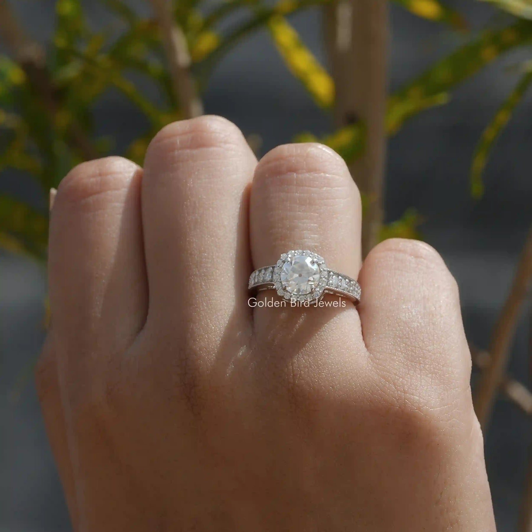 View of Moissanite Round Cut Halo Ring In Finger
