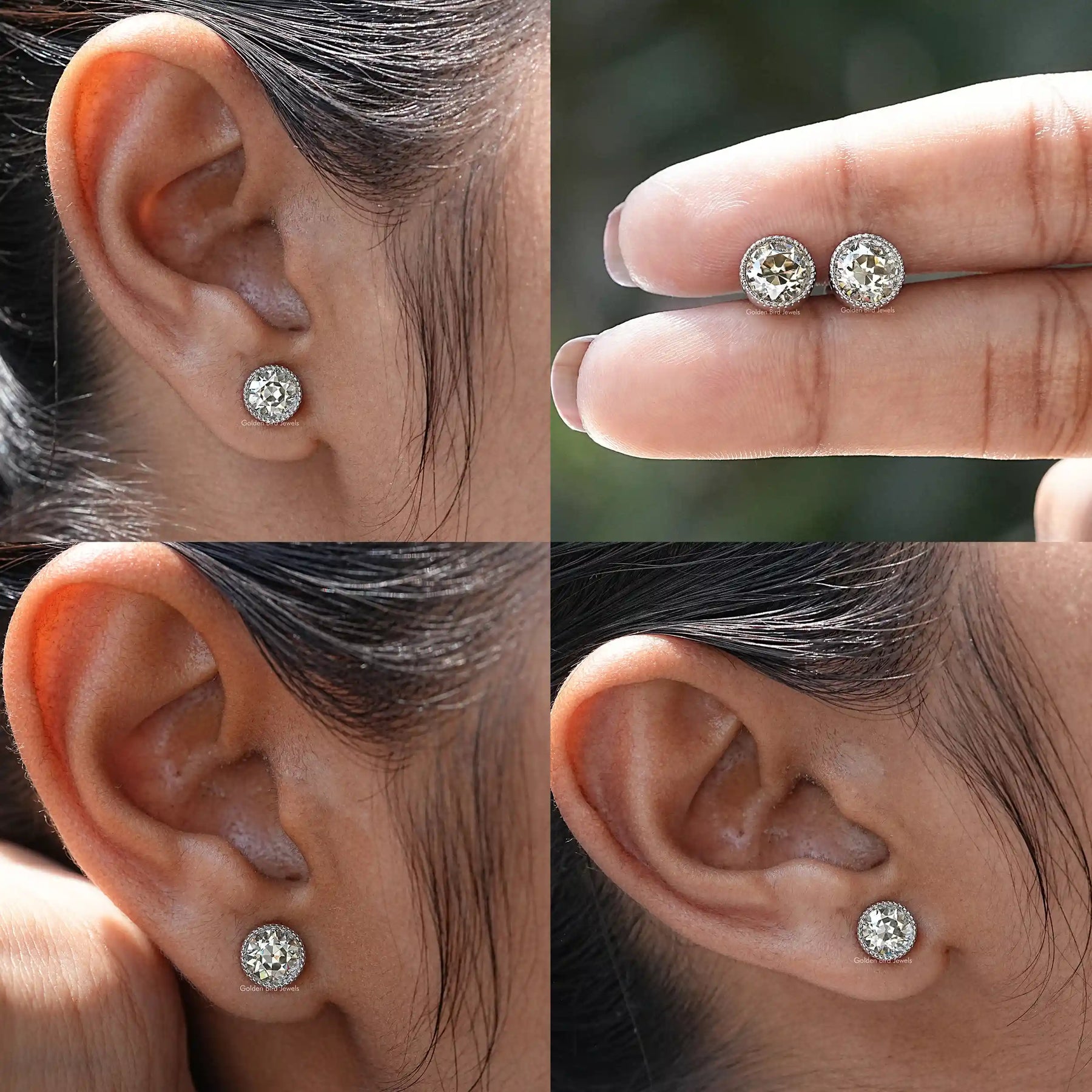 in a 4-image view of stud earrings moissanite earings