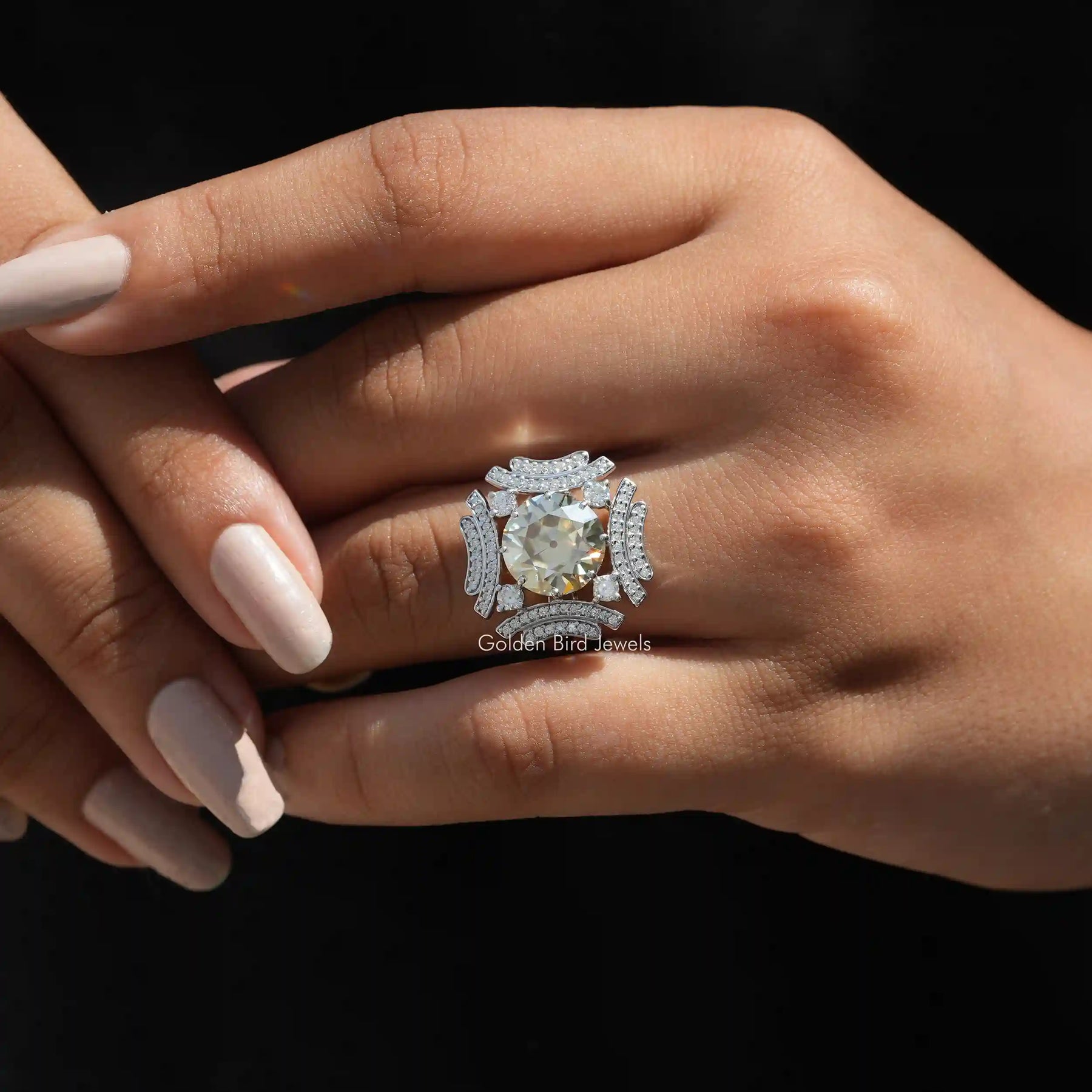 View of Old European Round Cut Moissanite Engagement Ring In Finger