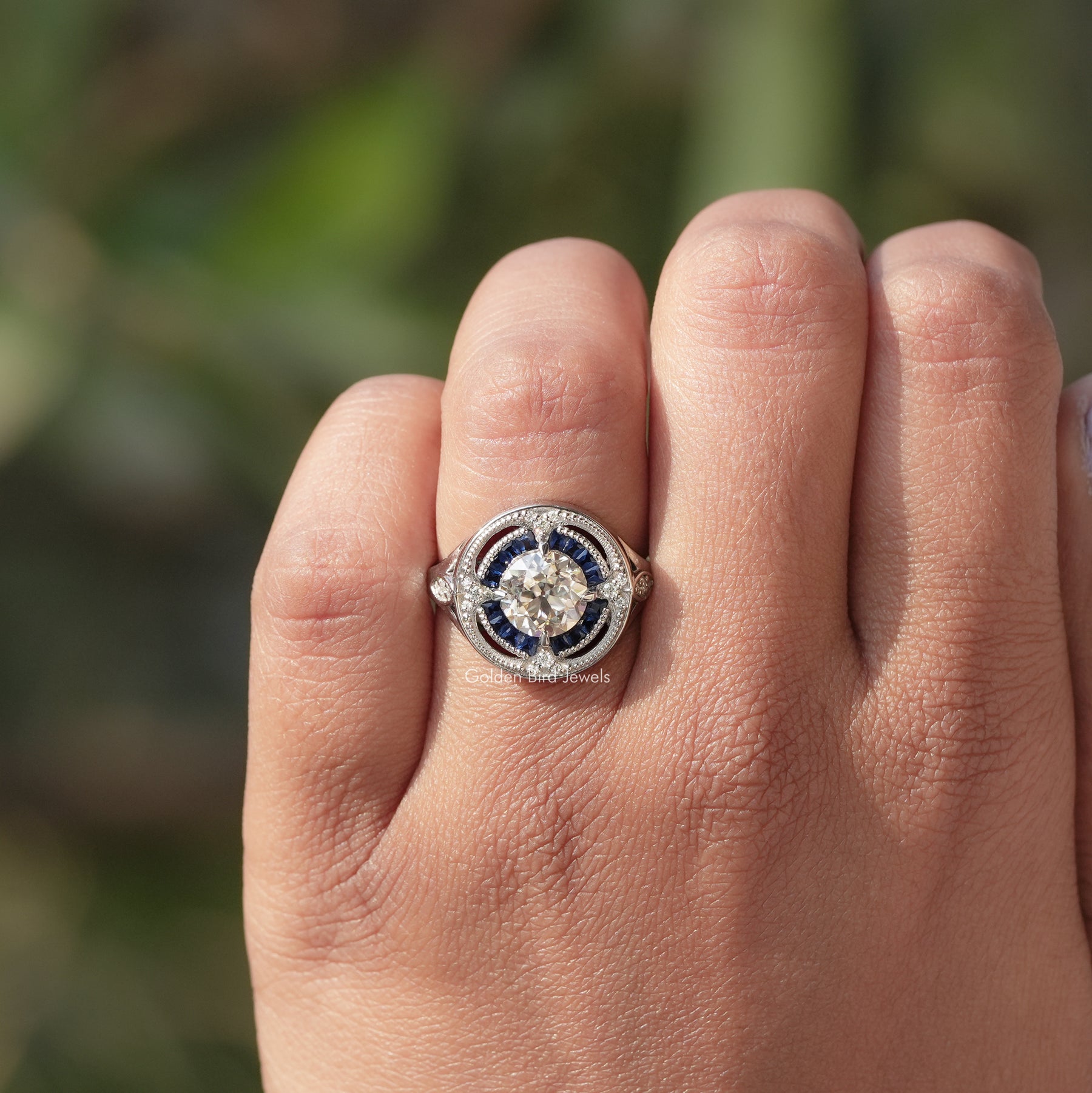 Detailed View Of Old European Round Cut Moissanite Ring In White Gold