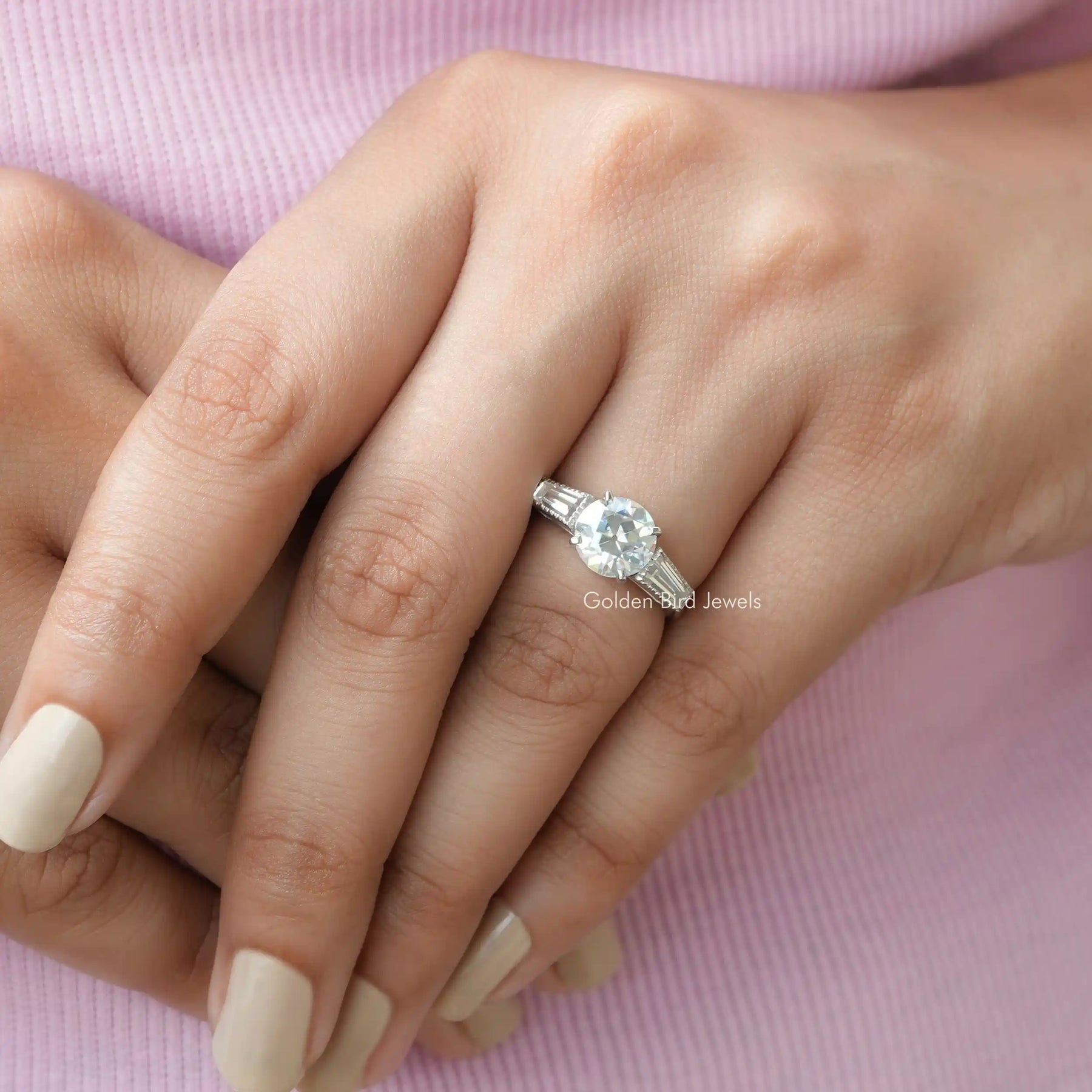 Old European Round Cut Three Stone Engagement Ring In White Gold