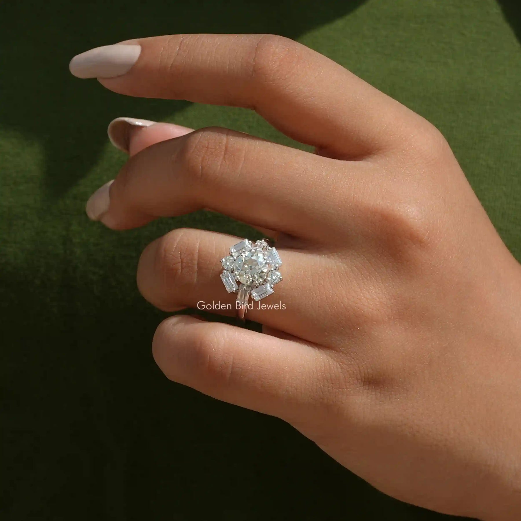 Close-Up View of Old European Round Shape Halo Engagement Ring In White Gold