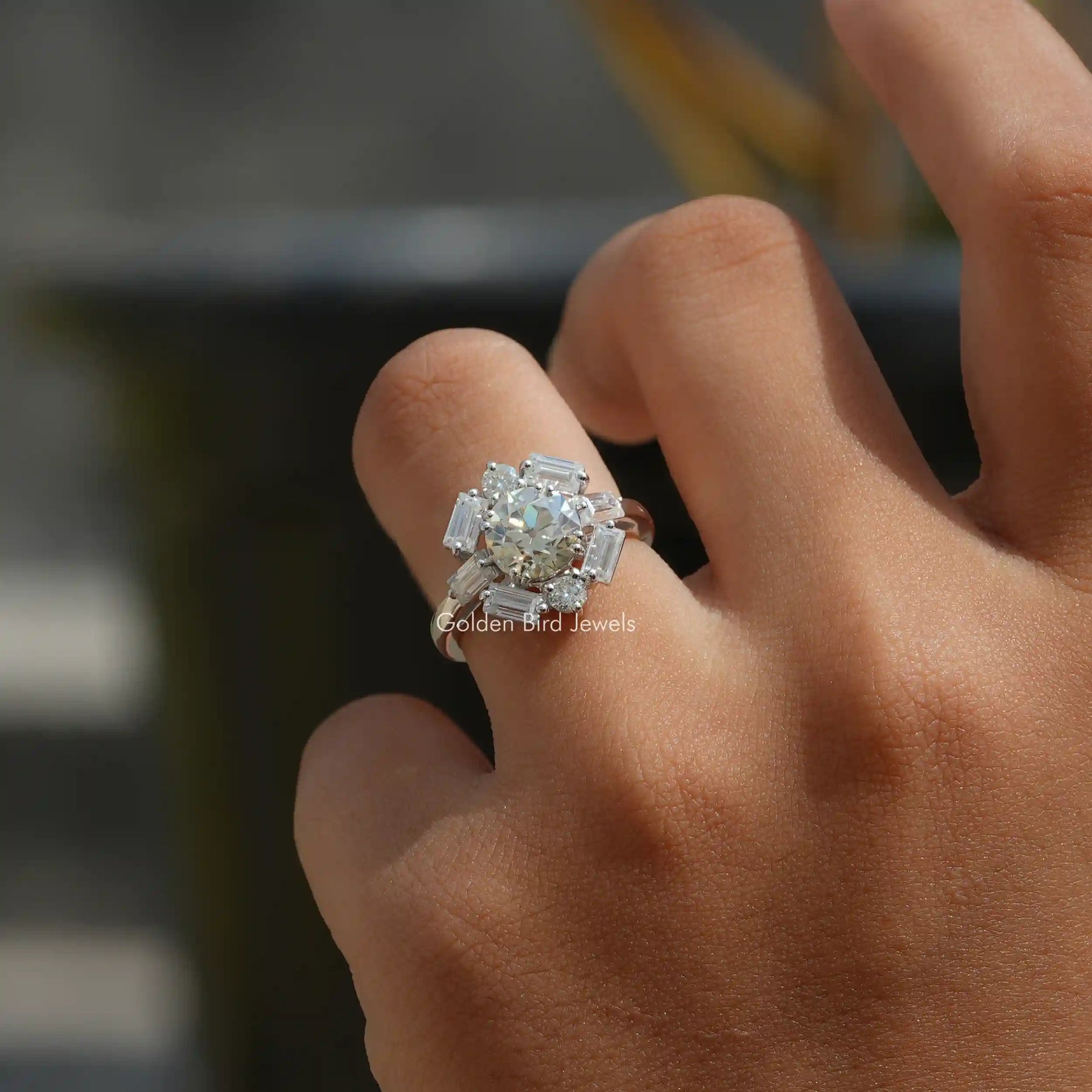 Round Cut Halo Moissanite Engagement Ring In Finger