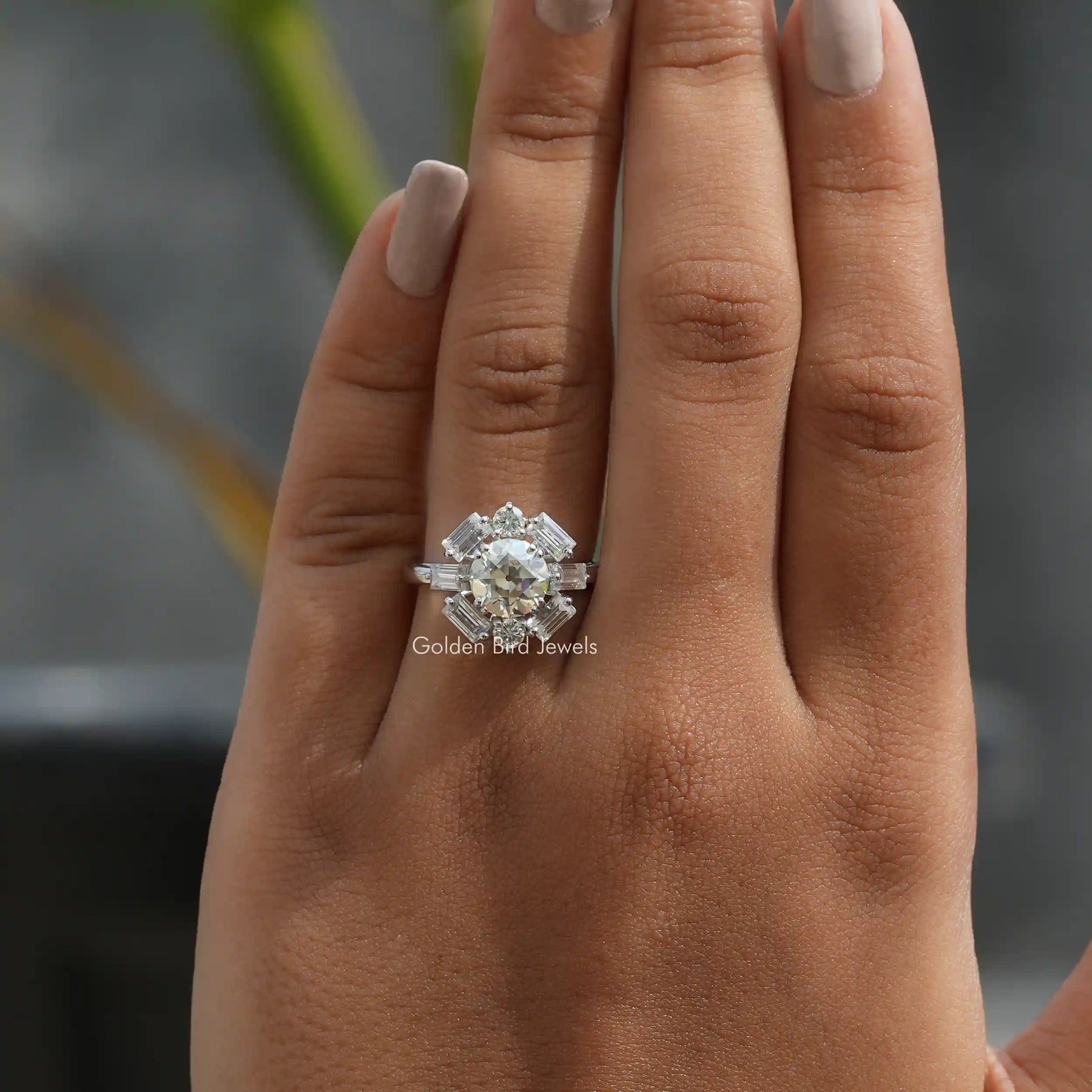 View of Old European Round Cut Moissanite Engagement Ring In Finger