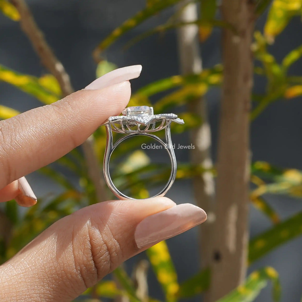 Back View of Moissanite Old European Round Cut ring In finger