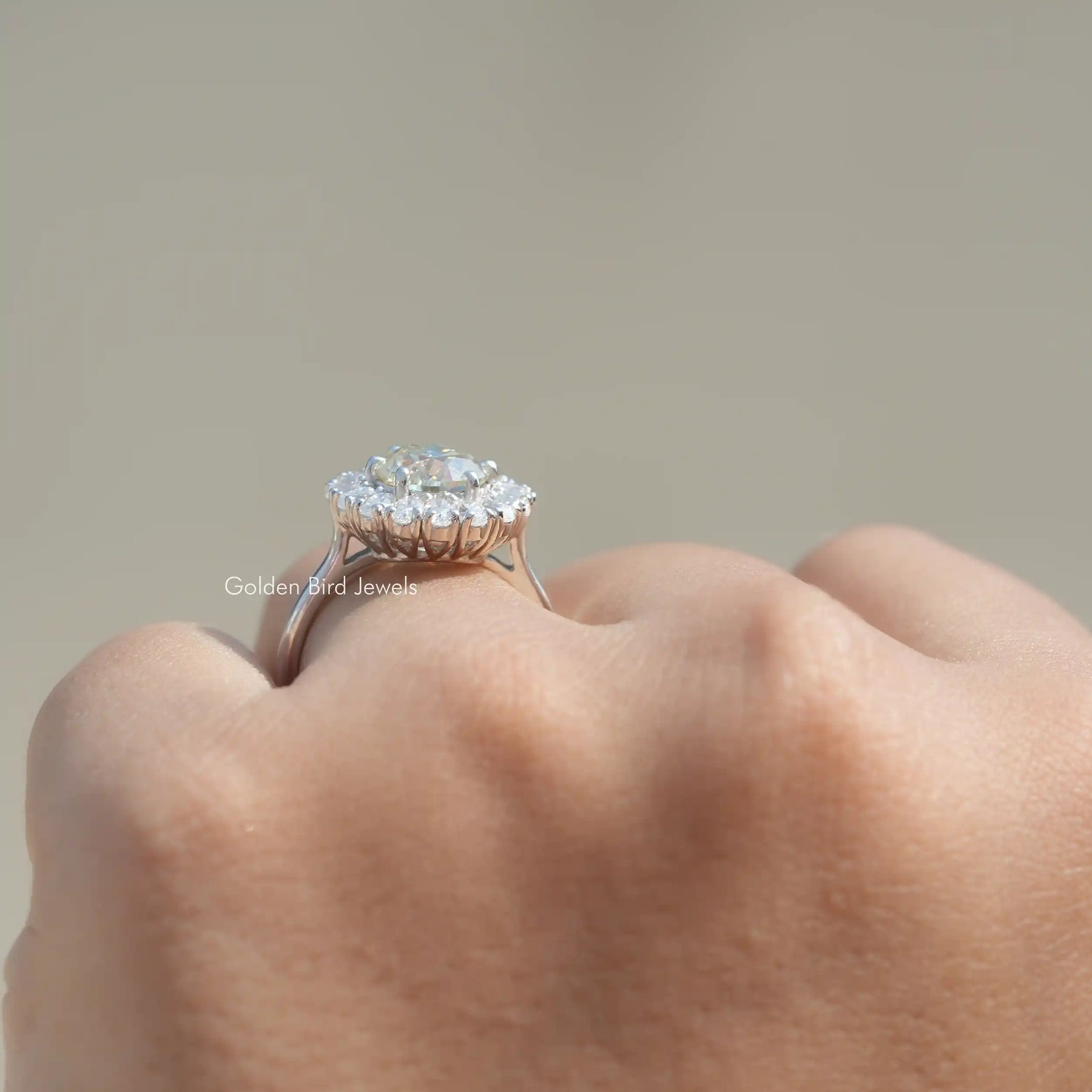 Back View of Old European Round Cut Moissanite Ring In finger