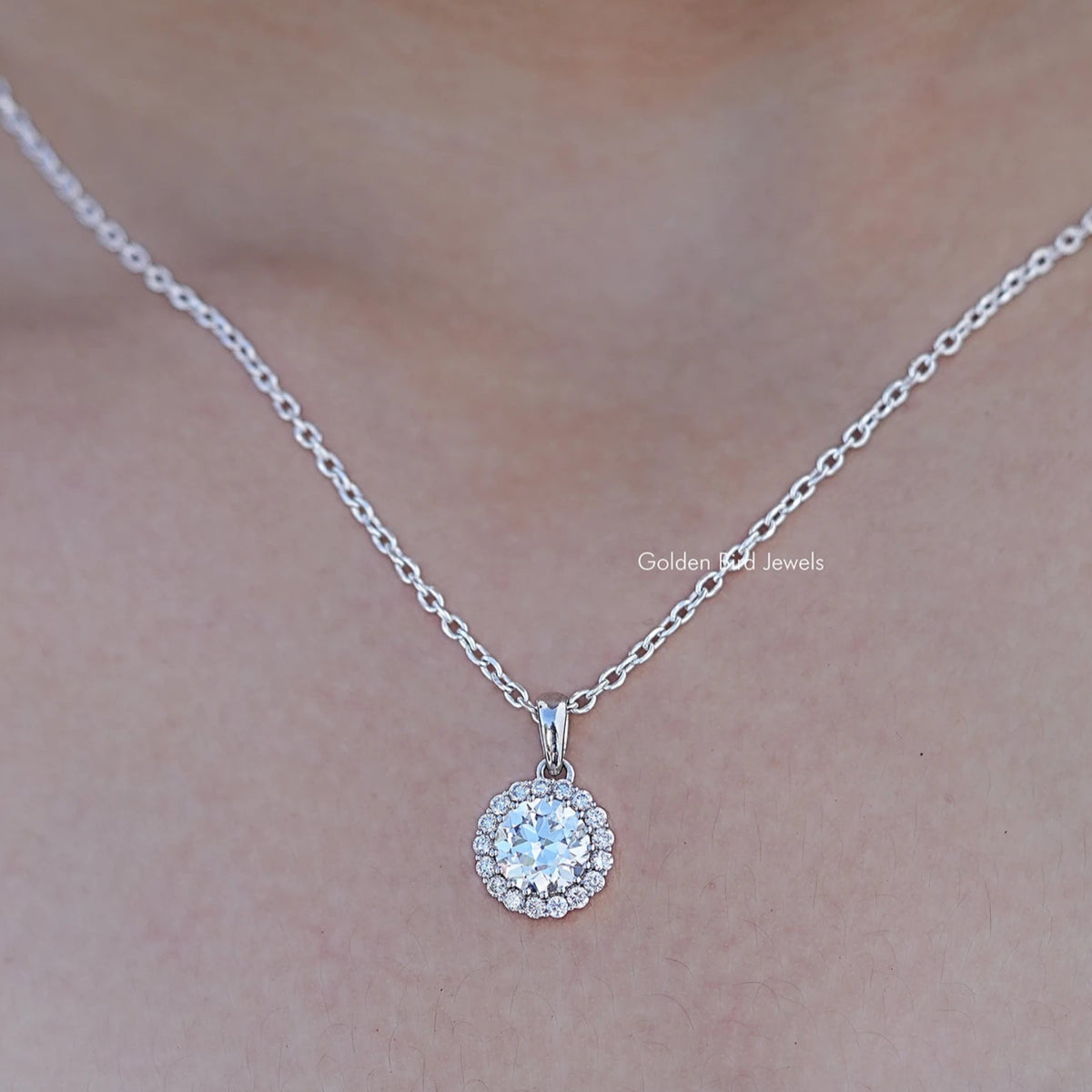 Close up view of Old European Round Lab Diamond Halo Pendant