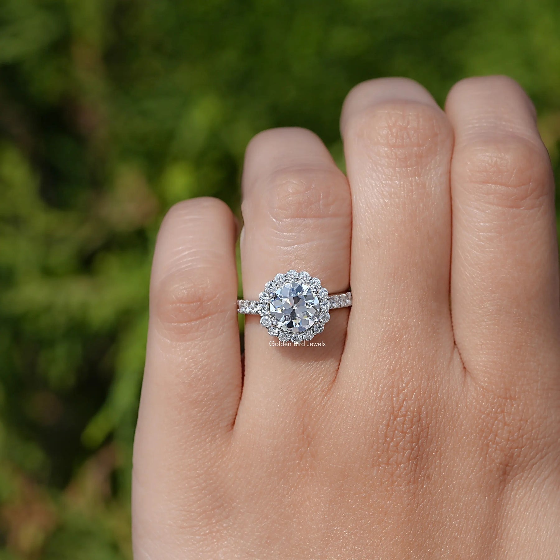 Close view of Round Cut Lab Diamond Halo Ring