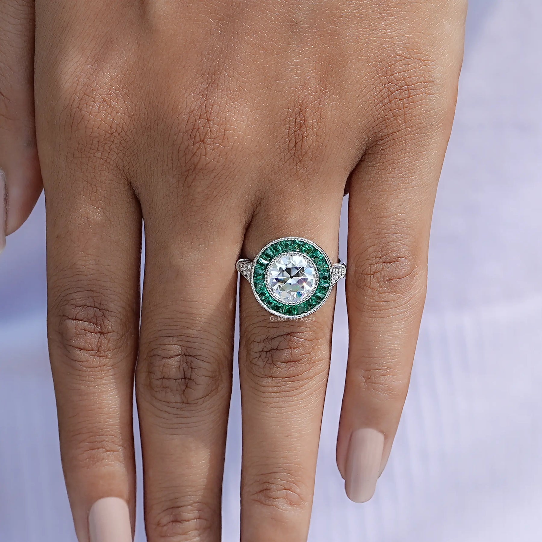View of Round Cut Moissanite Engagement Ring In Finger