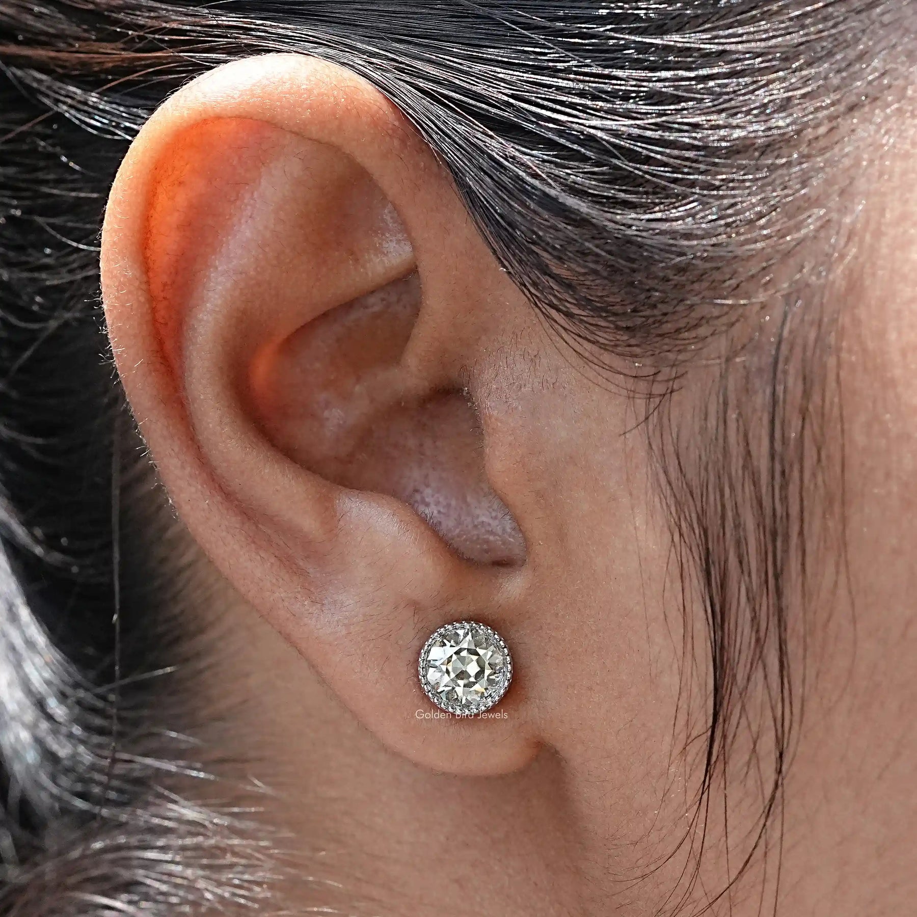 In Ear view of old European Cut moissanite Stud Earrings