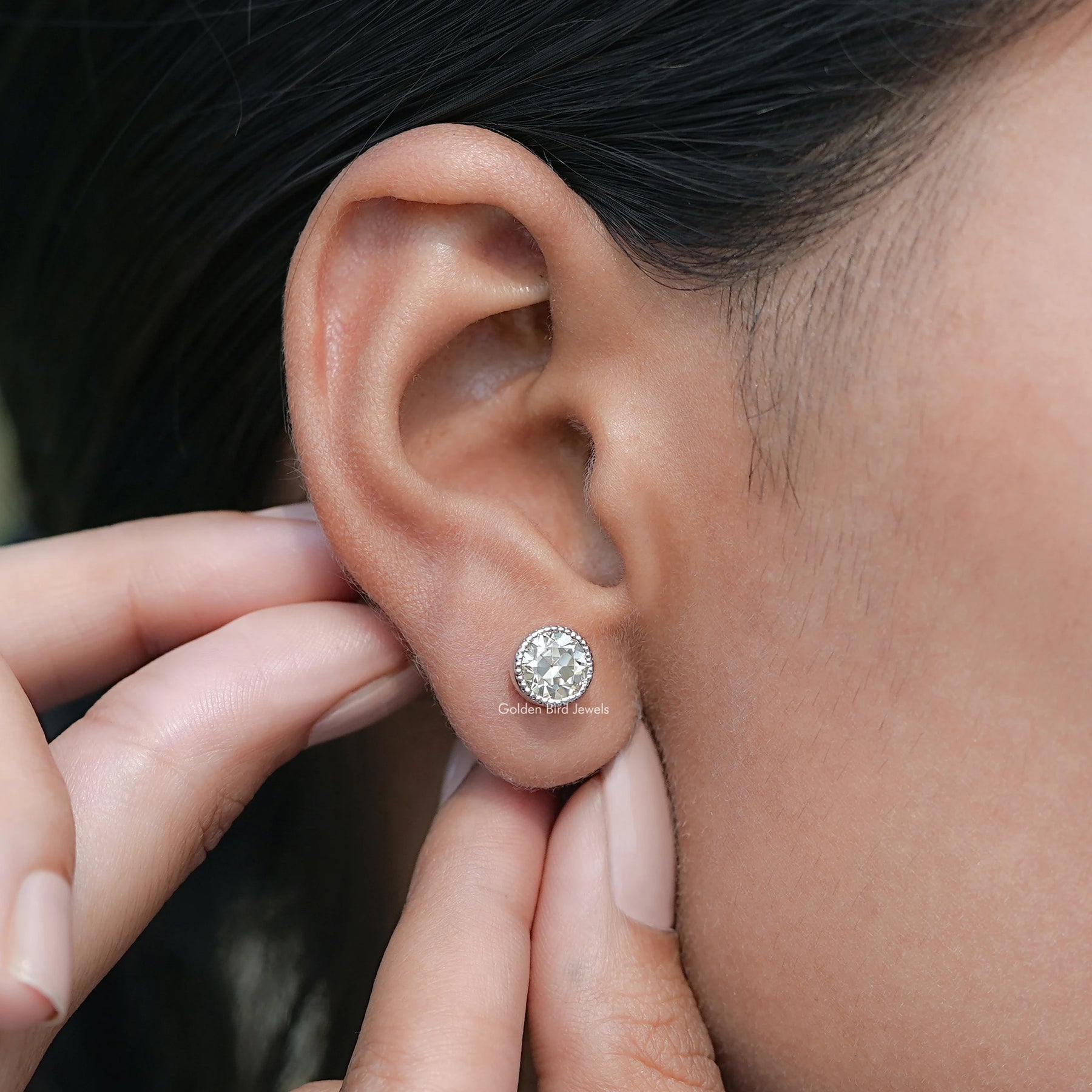 Front view of Old European Round Stud Earrings
