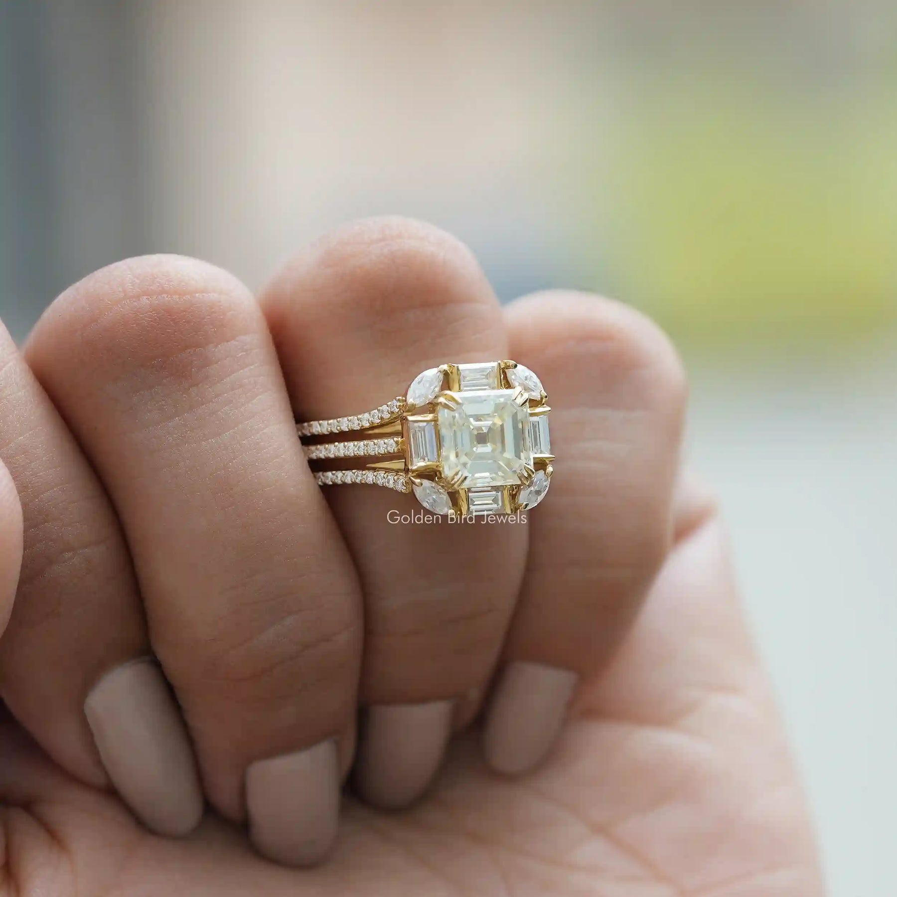 Front View of Old Mine Asscher And Marquise Cut Ring In Yellow Gold