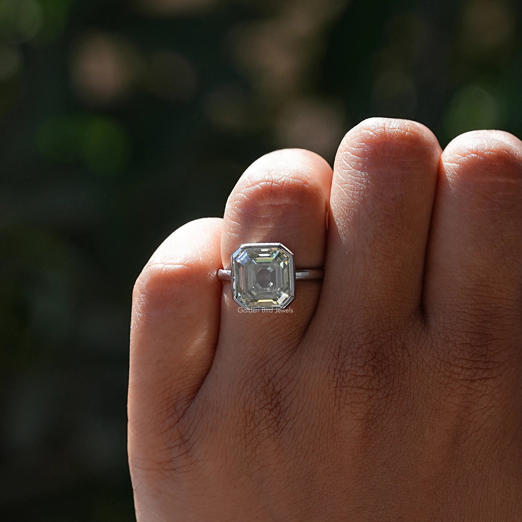 Old Mine Asscher Cut Moissanite Bezel Set Ring