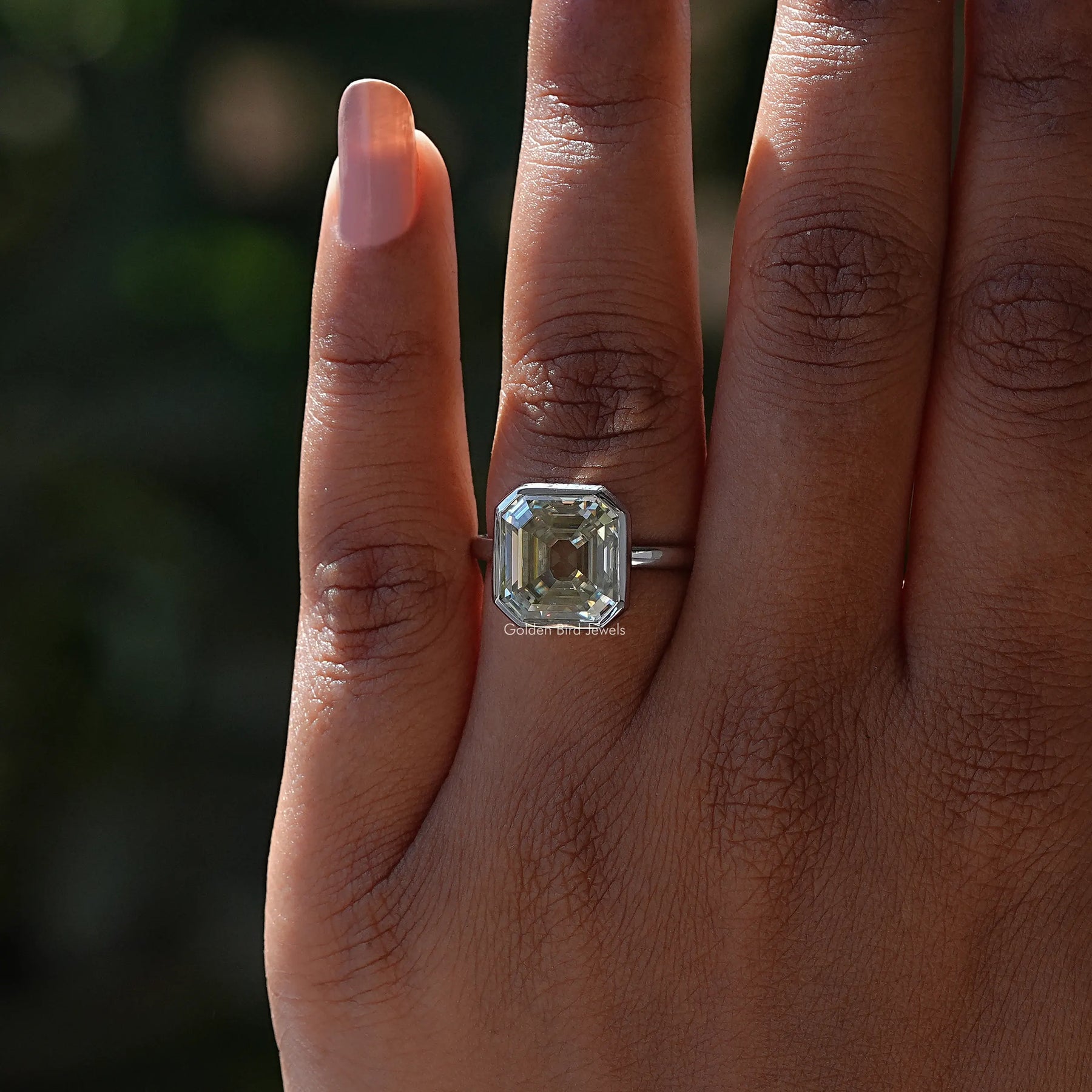 Old Mine Asscher Cut Moissanite Bezel Set Ring